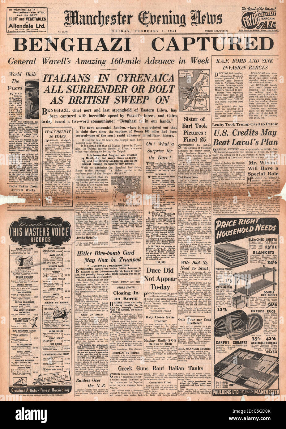 1941 Manchester Evening News front page de capture de rapports de Benghazi, Libye Banque D'Images