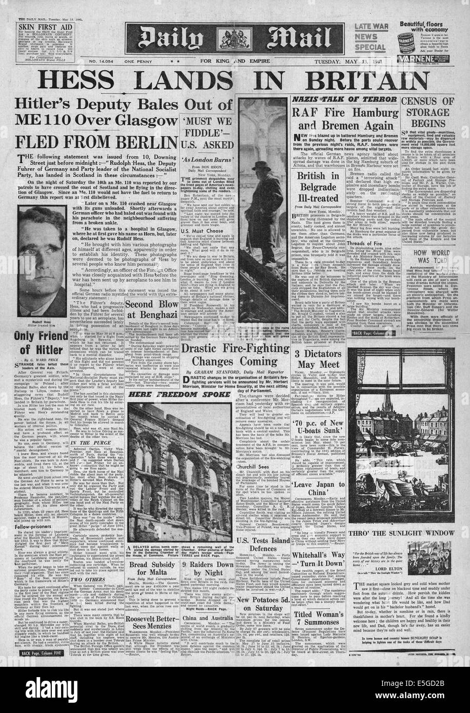 1941 Daily Mail/la page Déclaration des terres de Rudolf Hess en Grande-Bretagne Banque D'Images