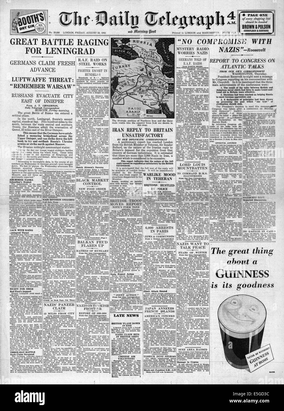 1941 Daily Telegraph rapports page avant la bataille pour Lenningrad Banque D'Images