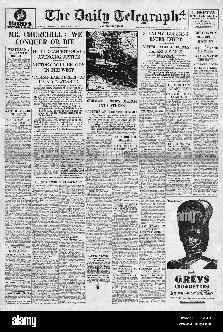 1941 Daily Telegraph/la page déclaration Winston Churchill's 'vaincre ou mourir' Discours Banque D'Images