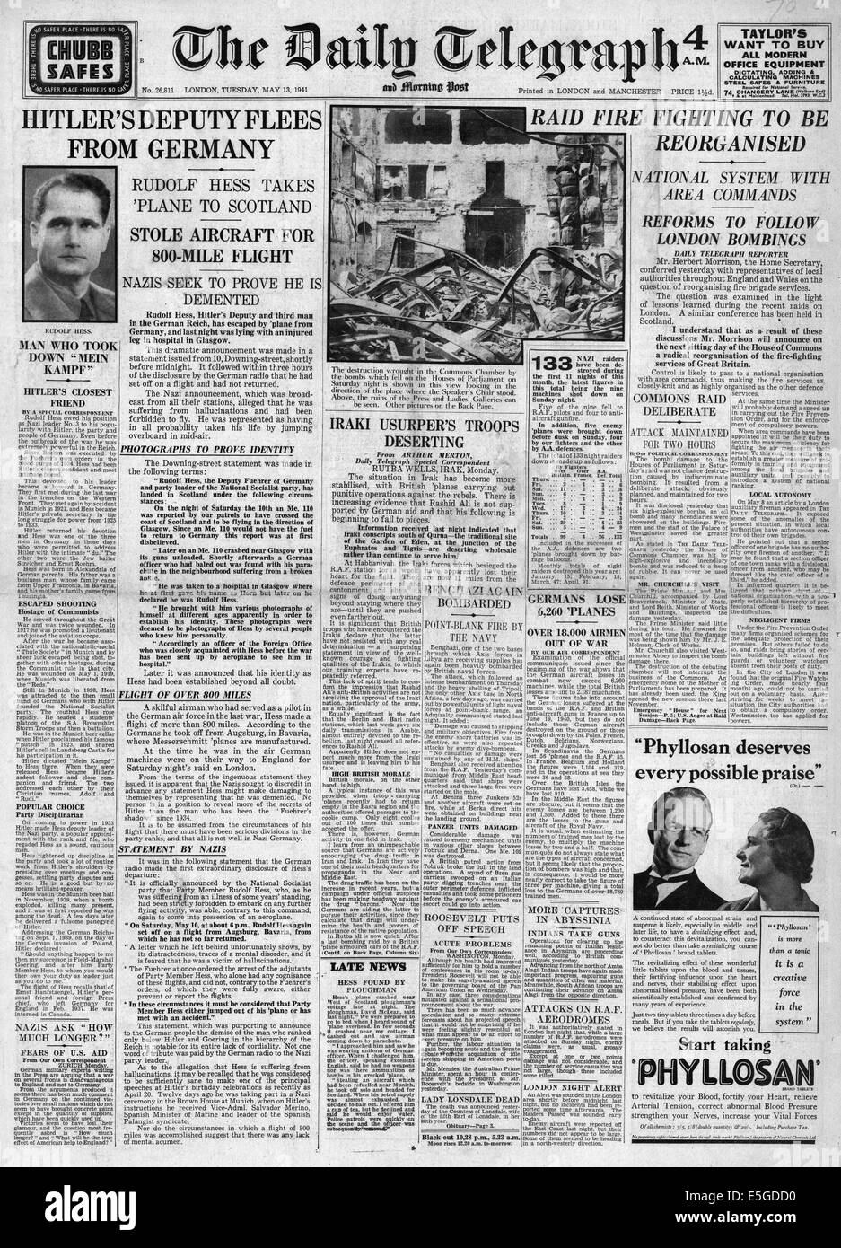 1941 Daily Telegraph/la page déclaration terres Rudolf Hess en Grande-Bretagne Banque D'Images