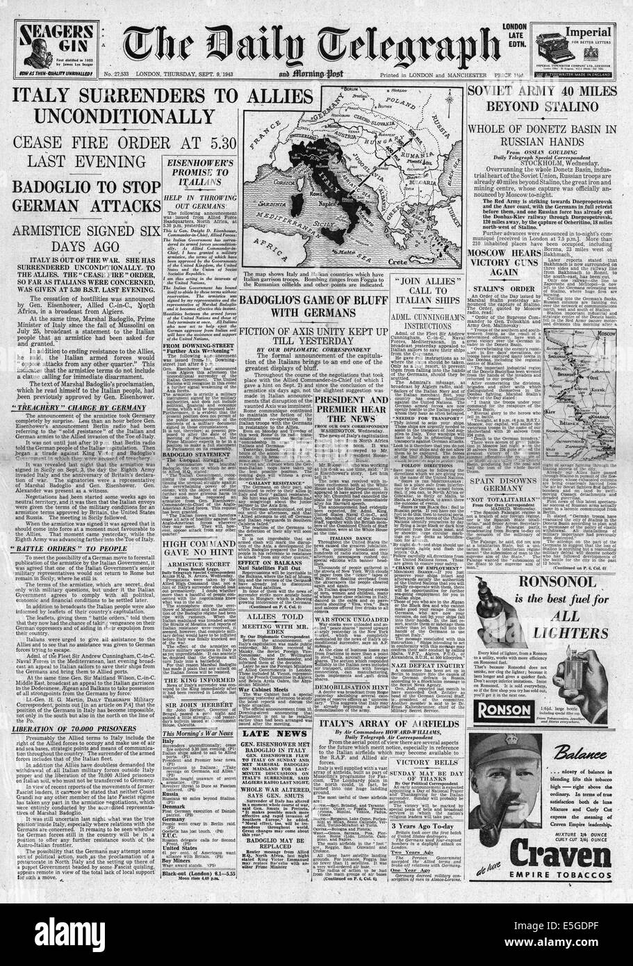 1943 Daily Telegraph page avant la remise de rapports de l'Italie pour les Alliés Banque D'Images