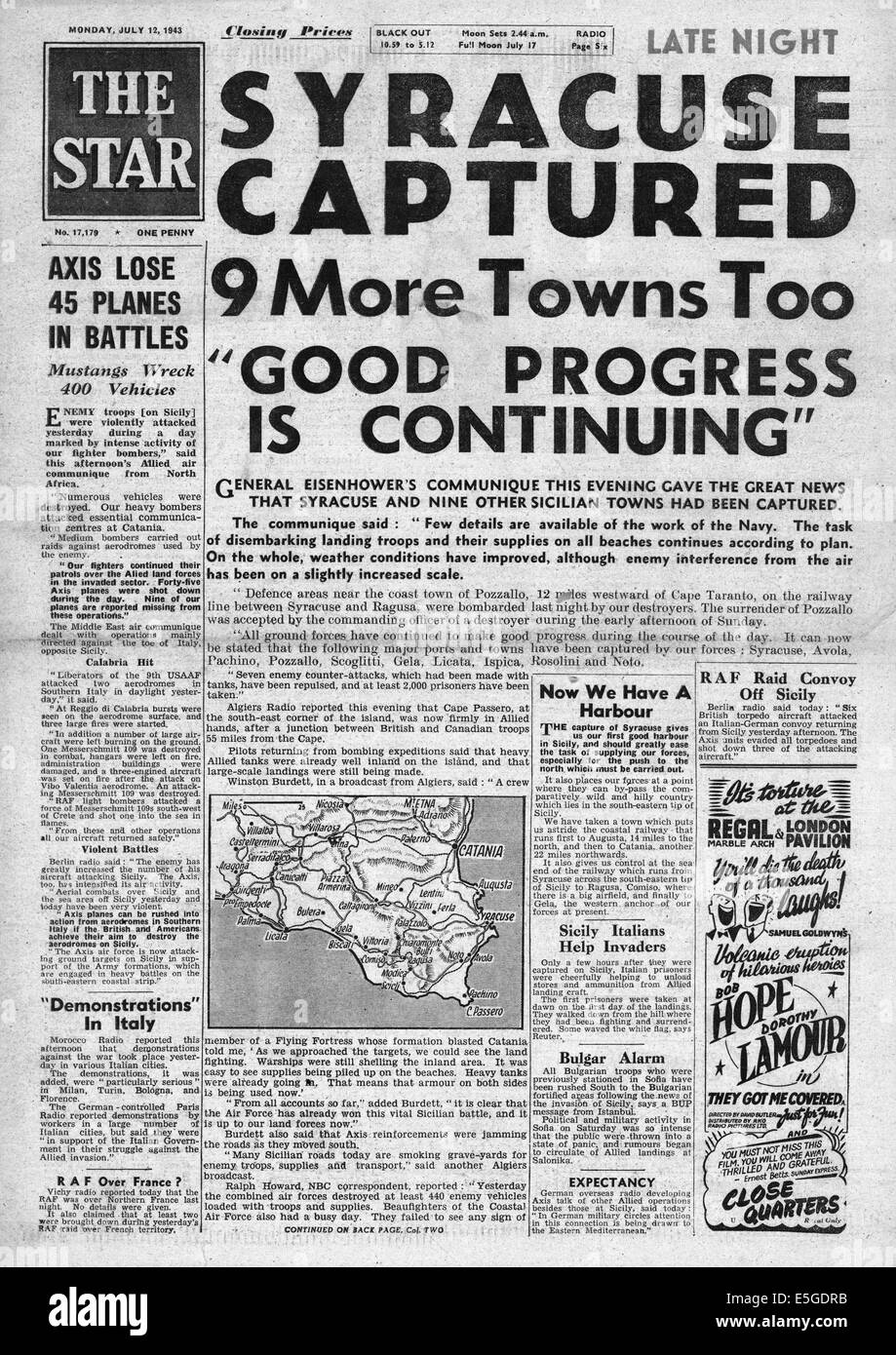 1943 L'Étoile (Londres) première page de capture de Syracuse alliés rapports Forces de l'axe Banque D'Images