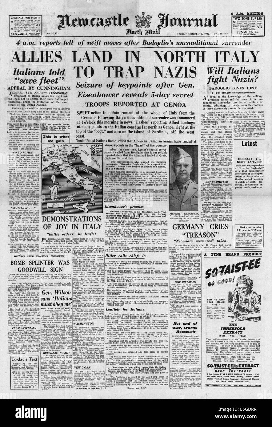 1943 Journal Officiel de Newcastle/la page déclaration de débarquement alliées dans le Nord de l'Italie Banque D'Images