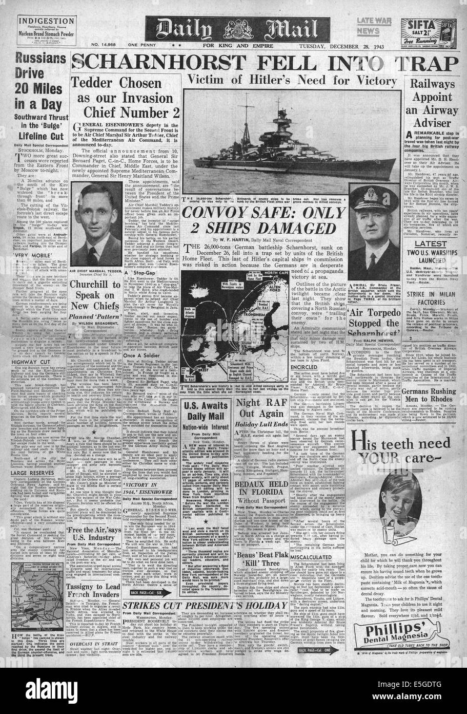 1943 Daily Mail/la page déclaration naufrage du cuirassé allemand Scharnhorst Banque D'Images