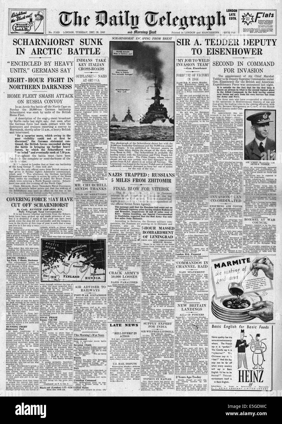 1943 Daily Telegraph rapports page avant naufrage du cuirassé allemand Scharnhorst Banque D'Images