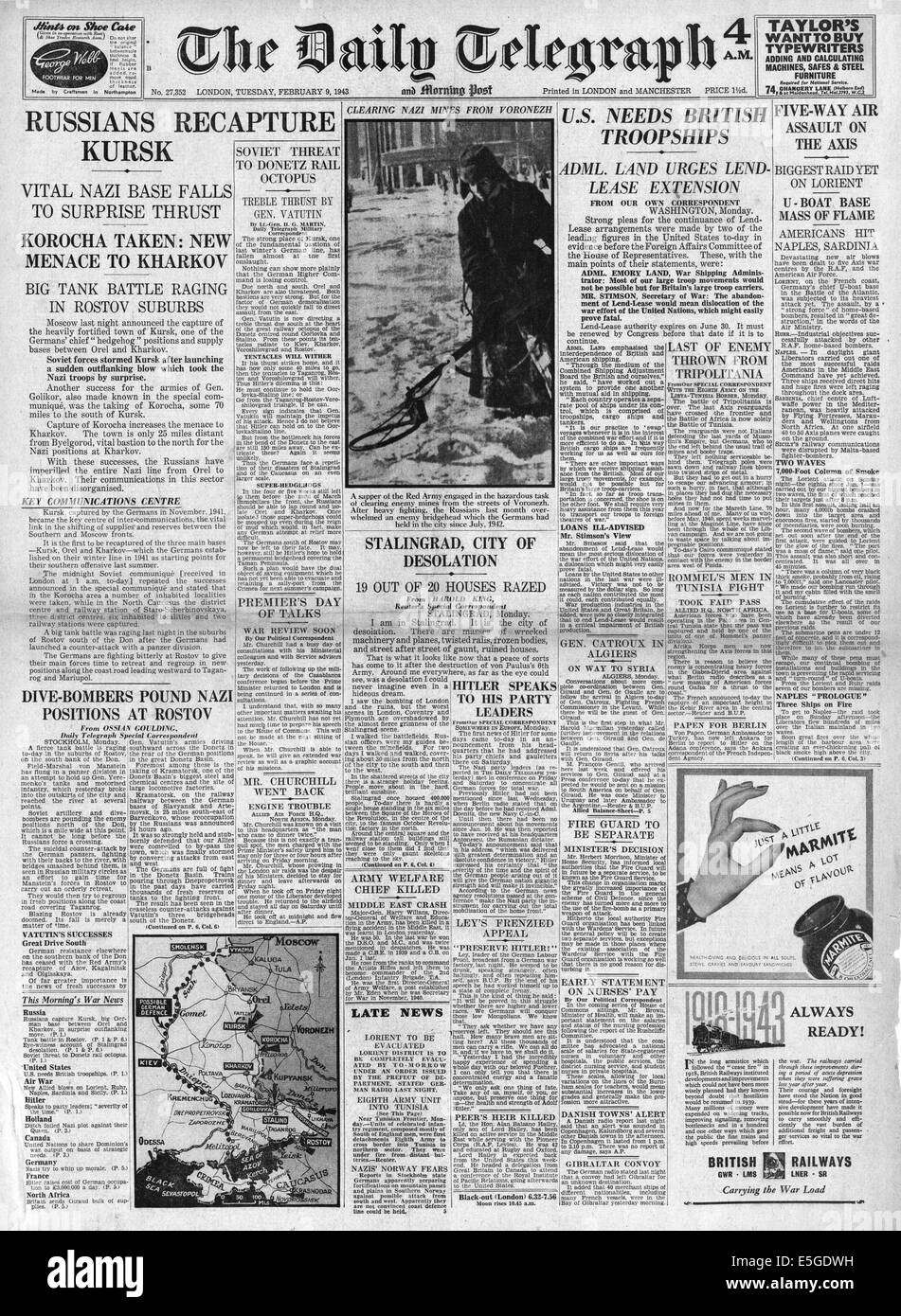 1943 Daily Telegraph rapports page d'attaque de l'Armée Rouge à Kursk Banque D'Images