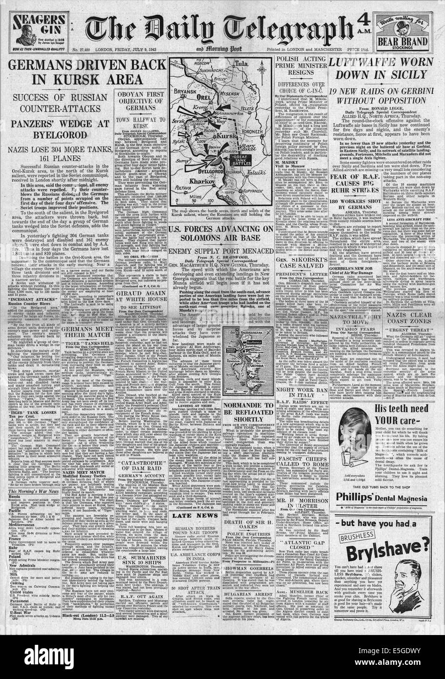 1943 Daily Telegraph rapports front page bataille de chars à Kursk Banque D'Images