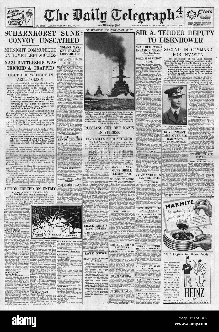 1943 Daily Telegraph rapports page avant naufrage du cuirassé allemand Scharnhorst Banque D'Images