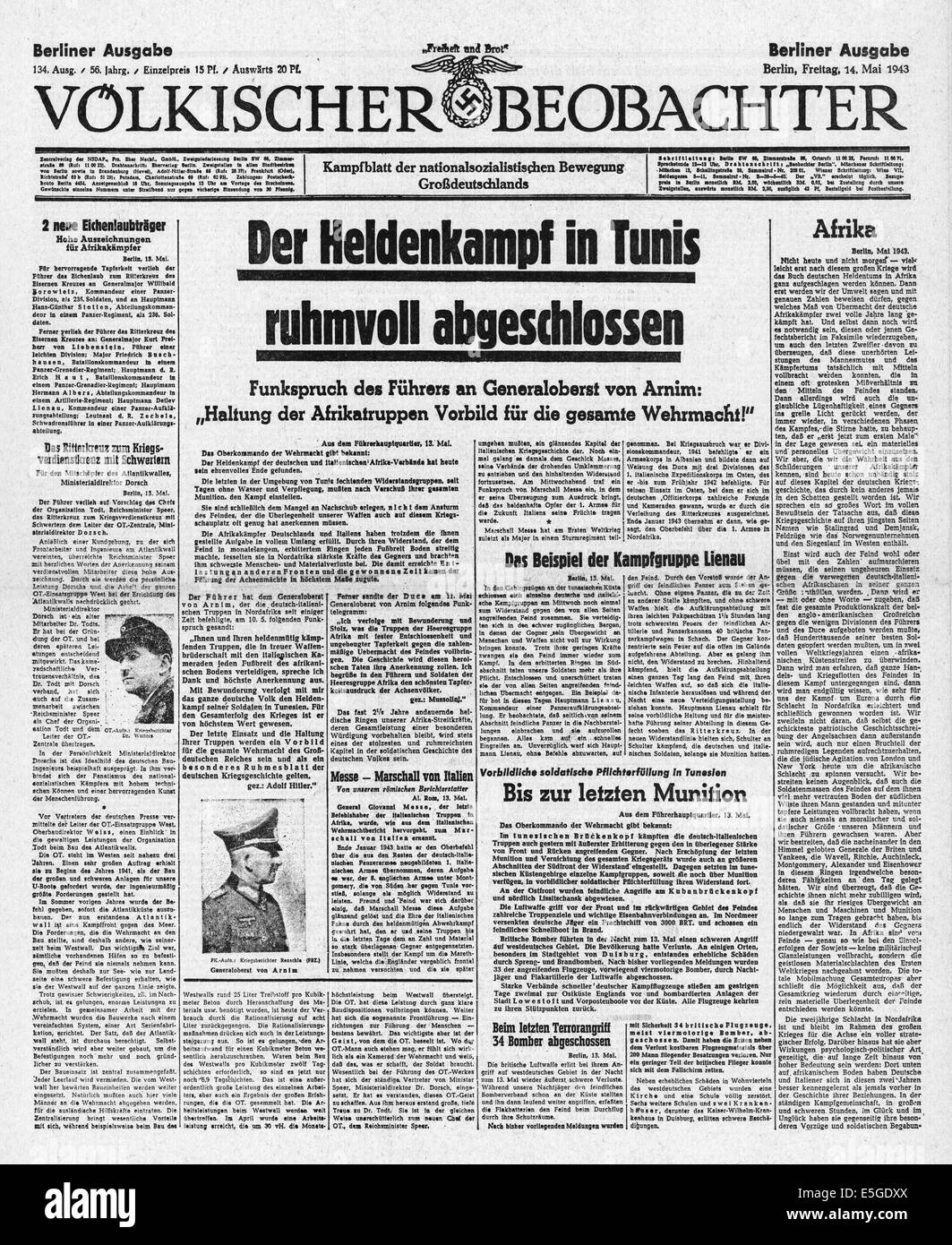 1943 Volkischer Beobachter (Allemand) rapport page avant les forces de l'axe défait en Afrique du Nord Banque D'Images
