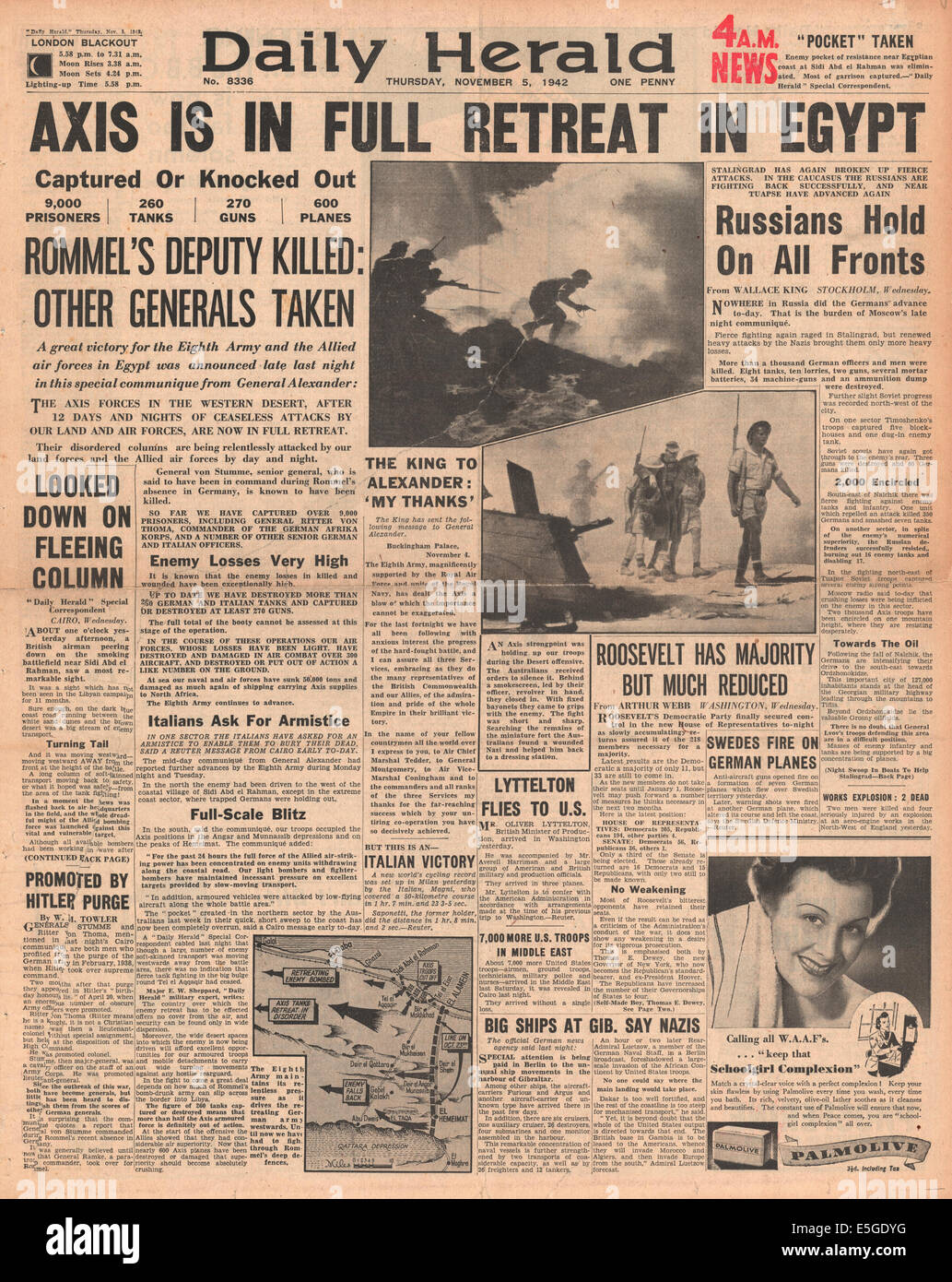 1942 Daily Herald/la page déclaration les forces de l'axe défait et le recul en Afrique du Nord Banque D'Images