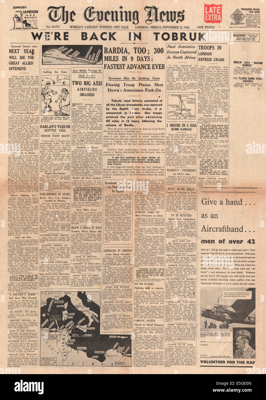 1942 Evening News (Londres) front page 8e Armée britannique de rapports de forces de l'axe reprendre Tobrouk Banque D'Images