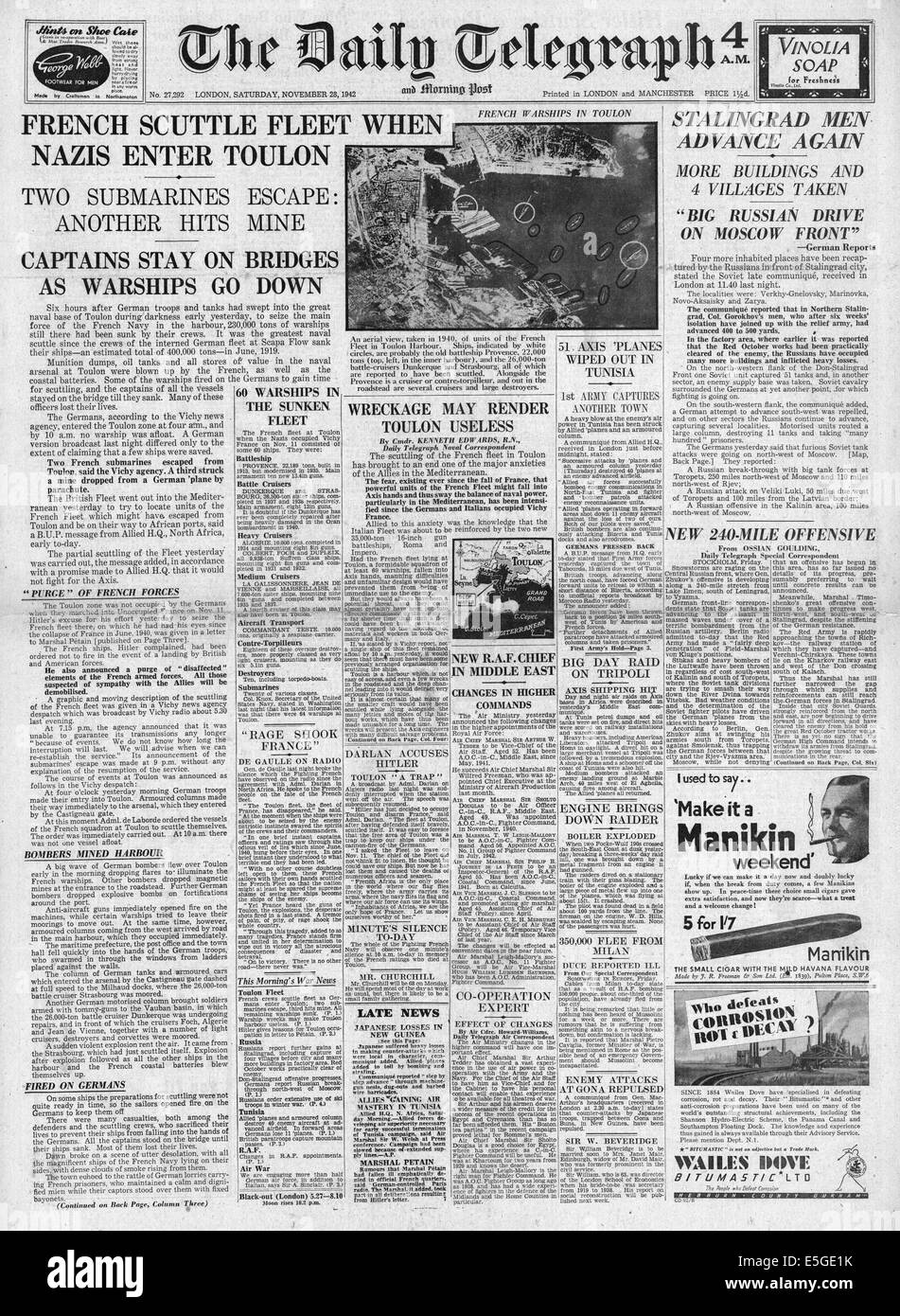 1942 Daily Telegraph/la page déclaration sabordage de la flotte française à Toulon Banque D'Images