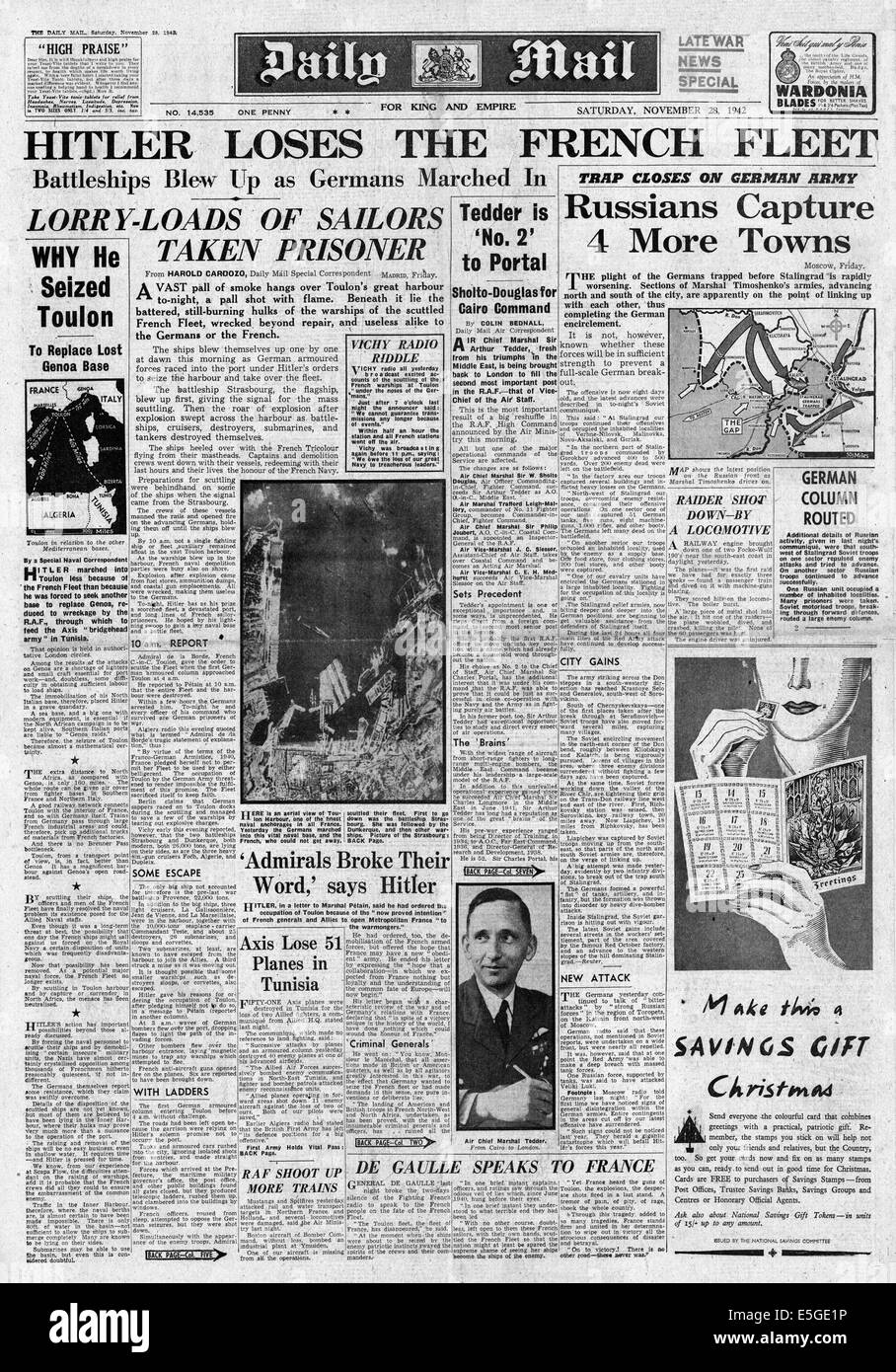 1942 Daily Mail/la page déclaration sabordage de la flotte française à Toulon Banque D'Images