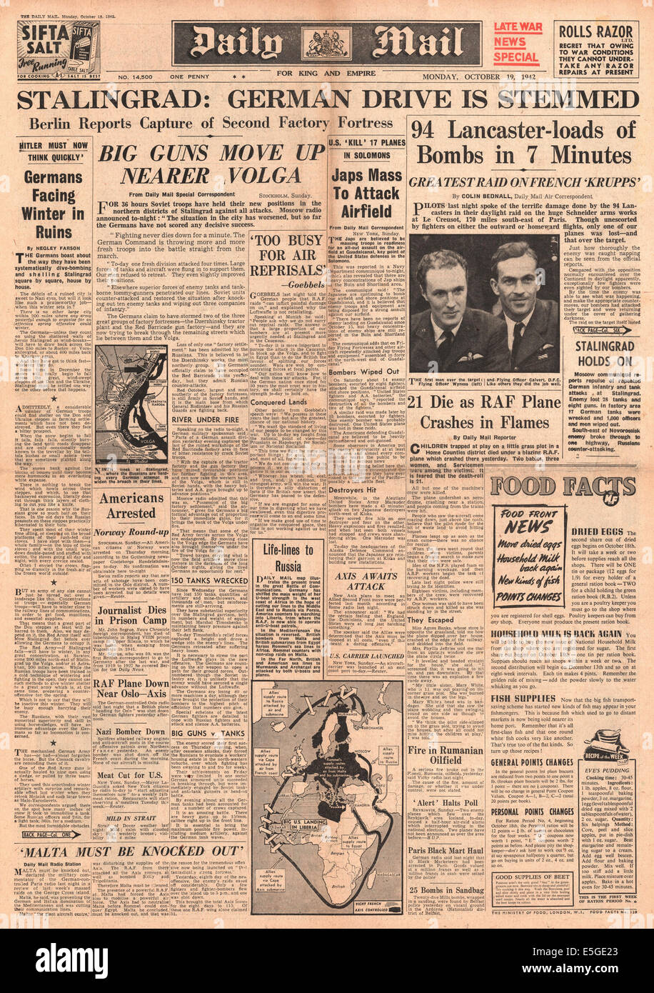 1942 Daily Mail/la page déclaration de l'armée allemande avance tenue à Stalingrad Banque D'Images