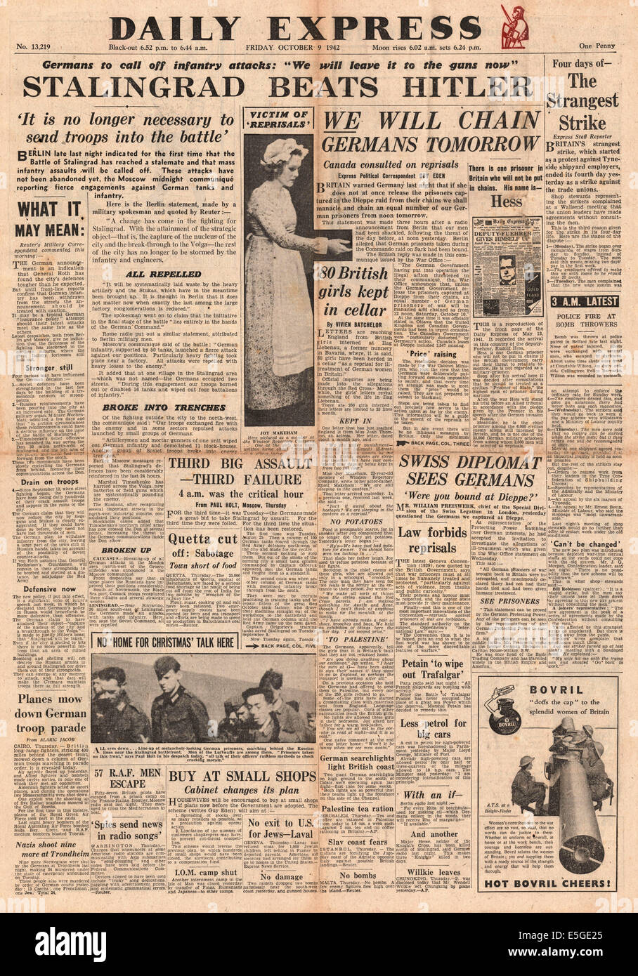 1942 Daily Express/la page déclaration Armée allemande avance tenue à Stalingrad Banque D'Images