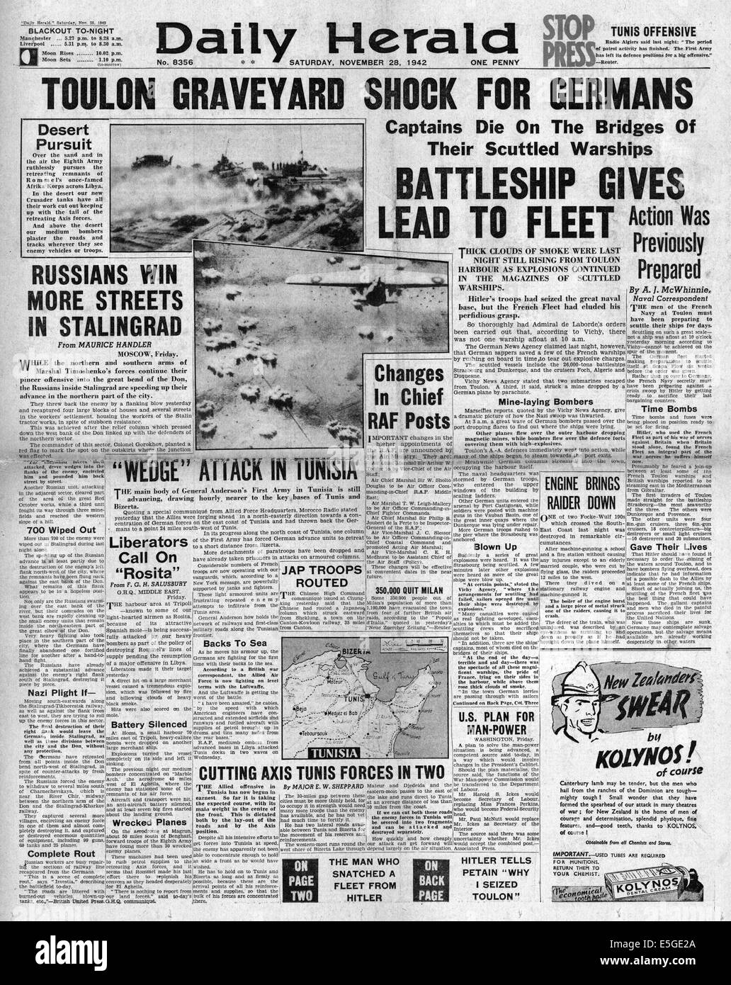 1942 Daily Herald/la page déclaration sabordage de la flotte française à Toulon Banque D'Images