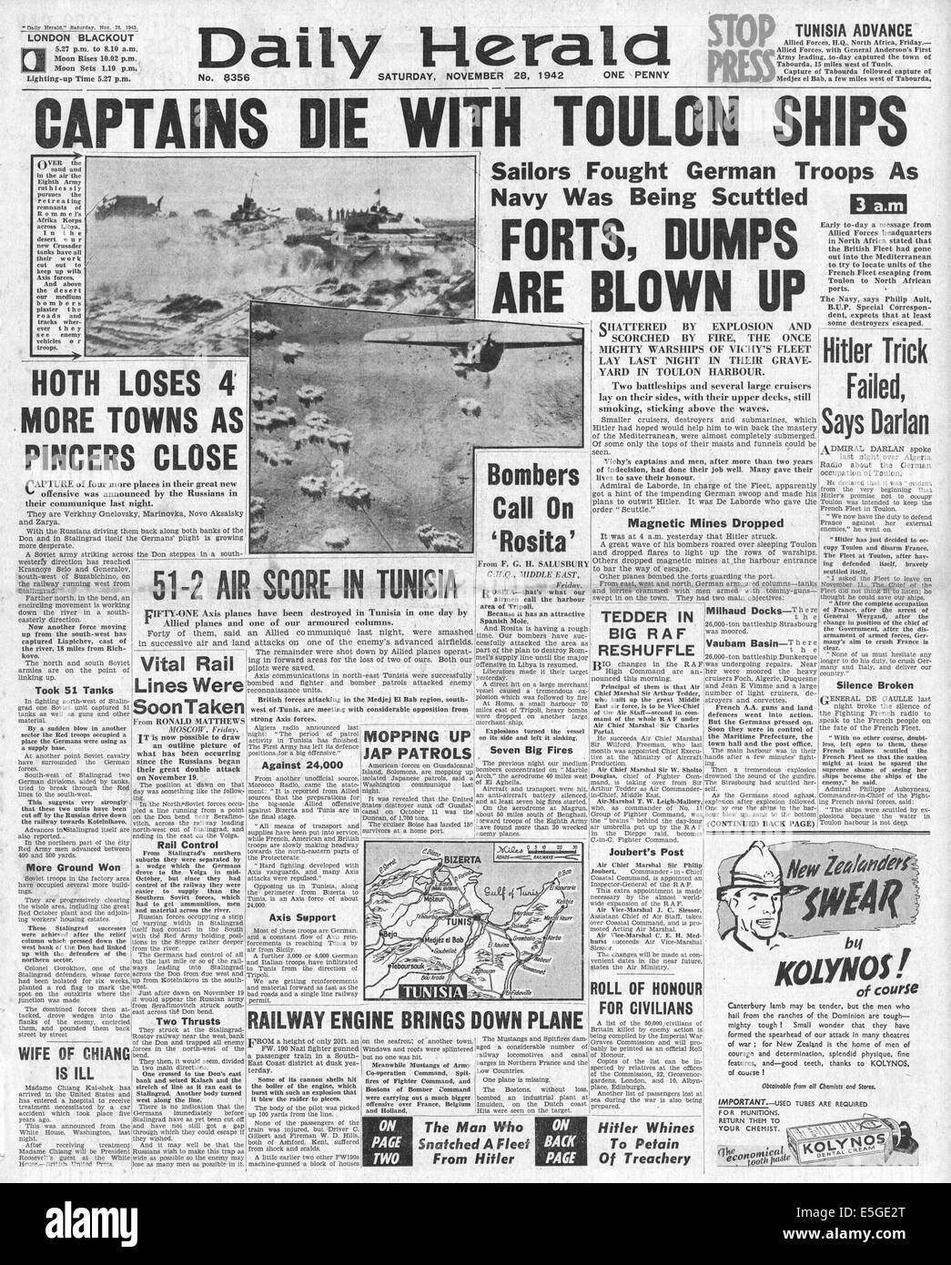 1942 Daily Herald/la page déclaration sabordage de la flotte française à Toulon Banque D'Images