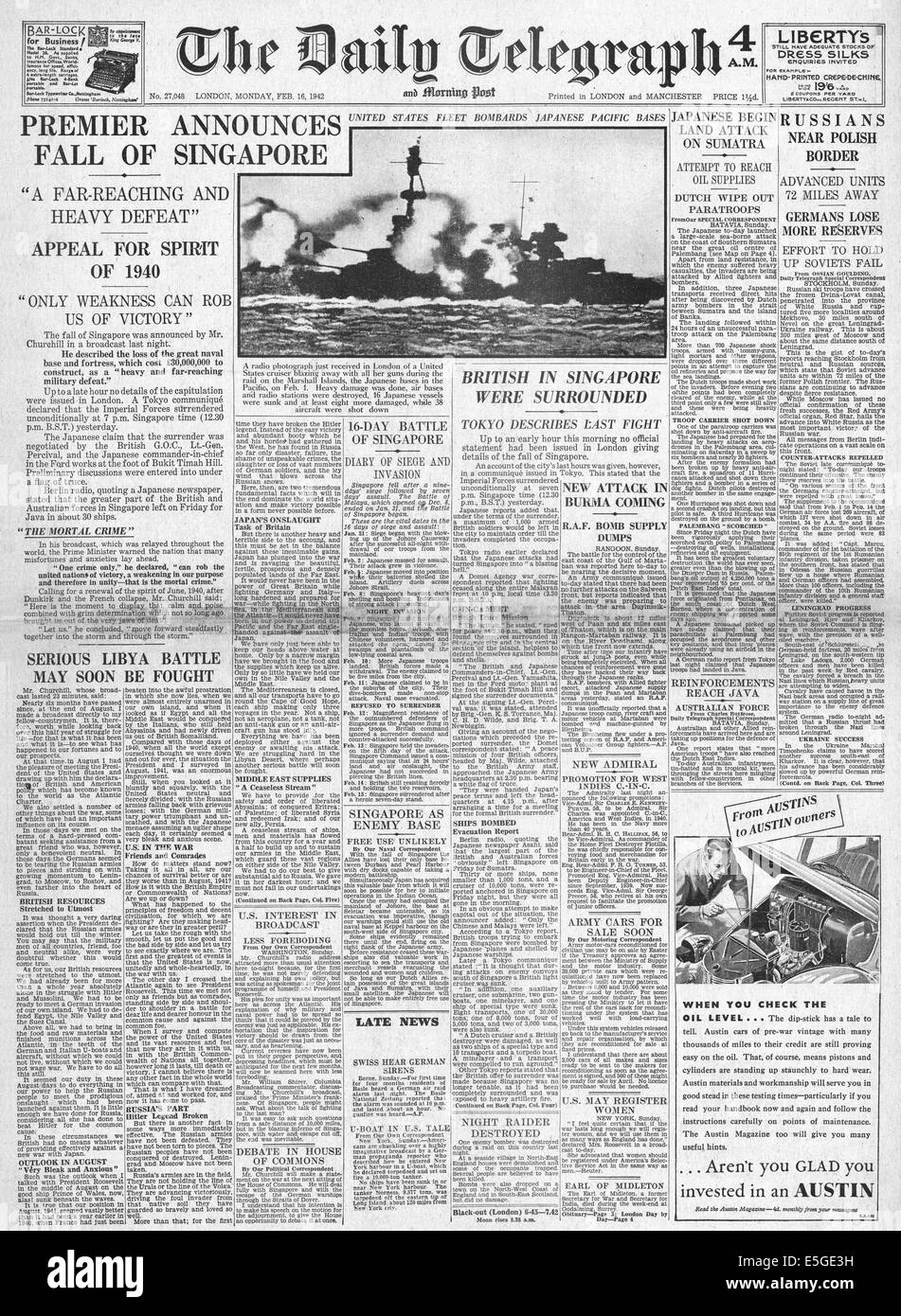 1942 Daily Telegraph rapports page avant la chute de Singapour à l'armée japonaise Banque D'Images