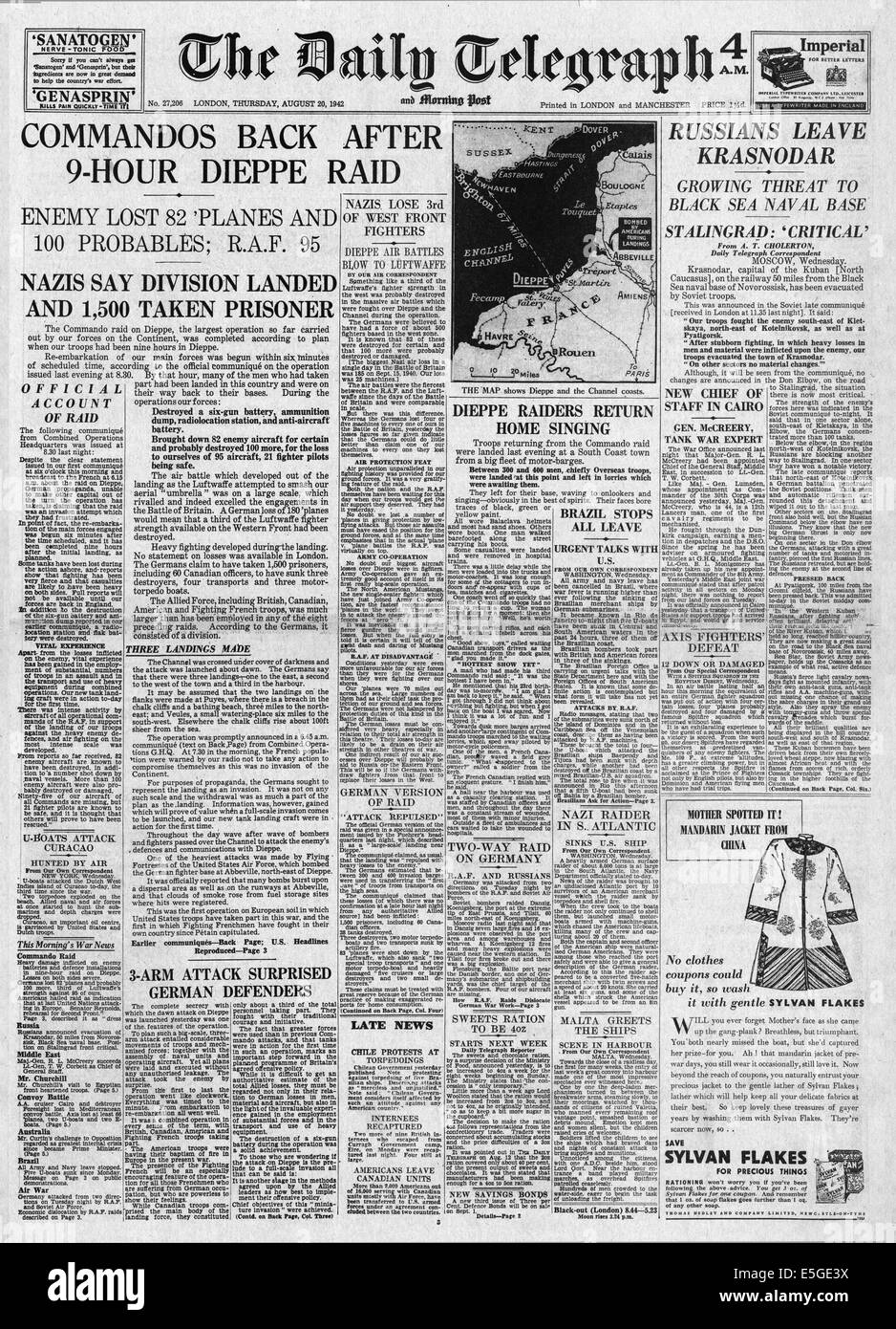 1942 Daily Telegraph/la page Déclaration des commandos britanniques Dieppe Banque D'Images