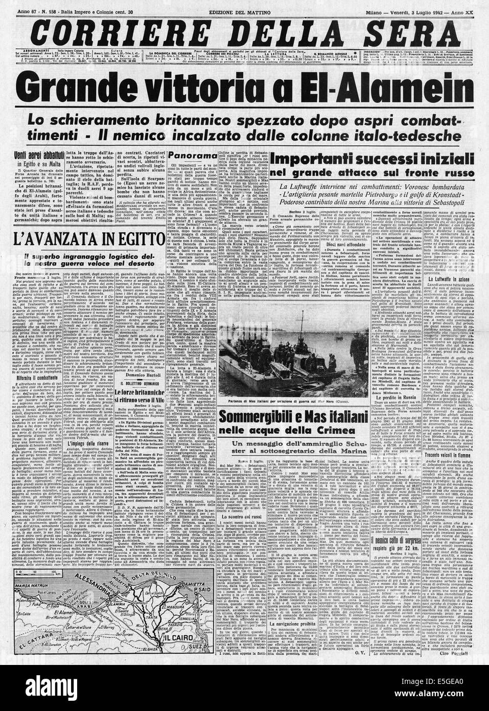 1942 Corriere della Sera (Italie)/la page déclaration de capture les forces de l'axe El Alamein Banque D'Images