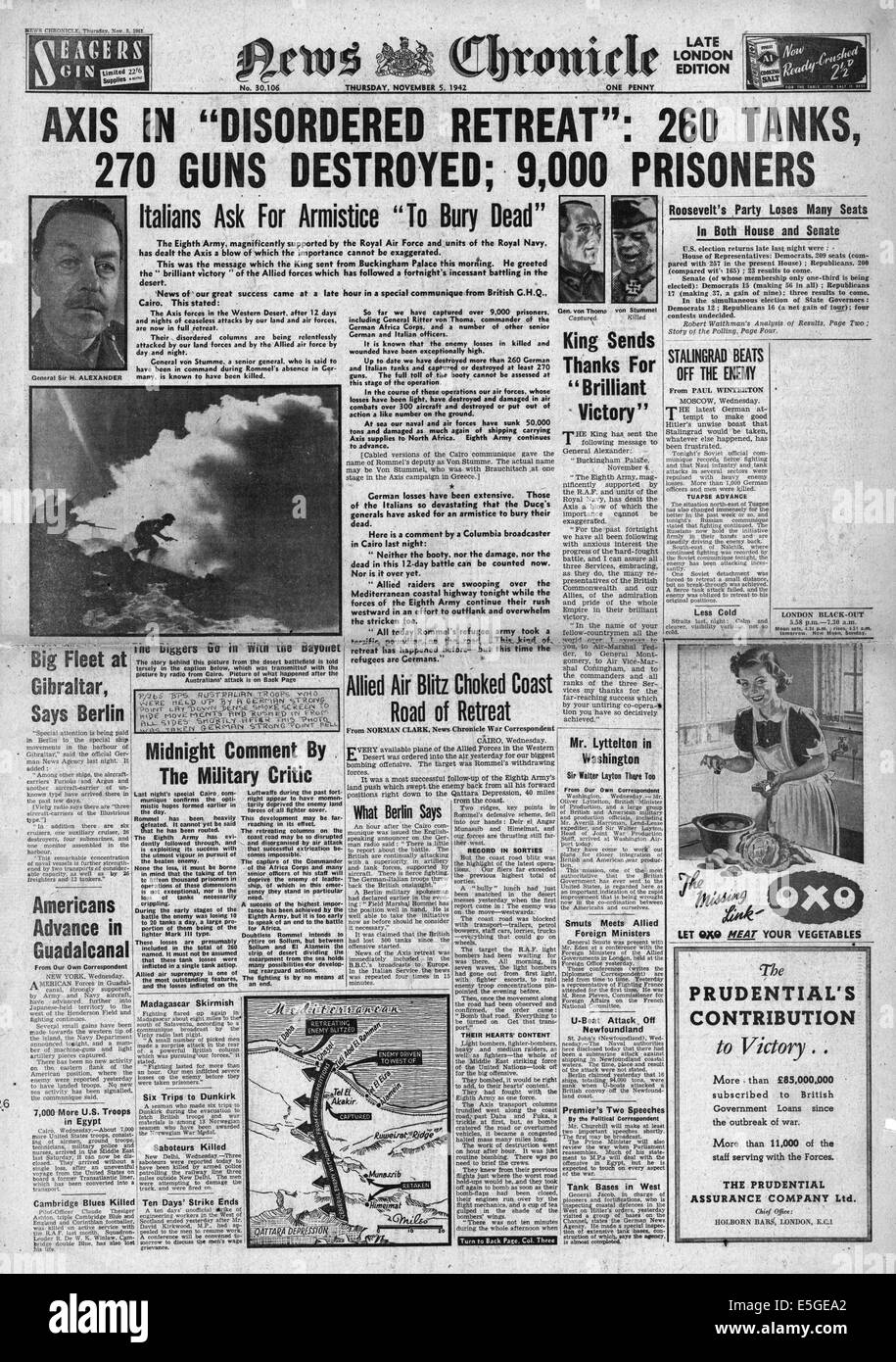 1942 News Chronicle/la page déclaration de la retraite de Rommel et les forces de l'axe en Afrique du Nord Banque D'Images
