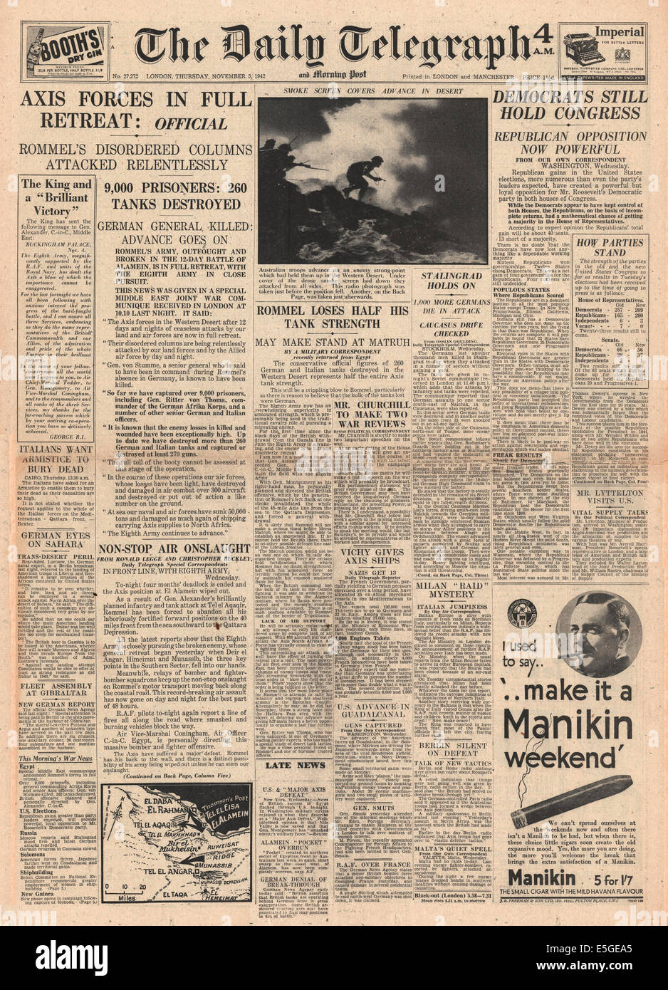 1942 Daily Telegraph rapports page avant la retraite de Rommel et les forces de l'axe en Afrique du Nord Banque D'Images