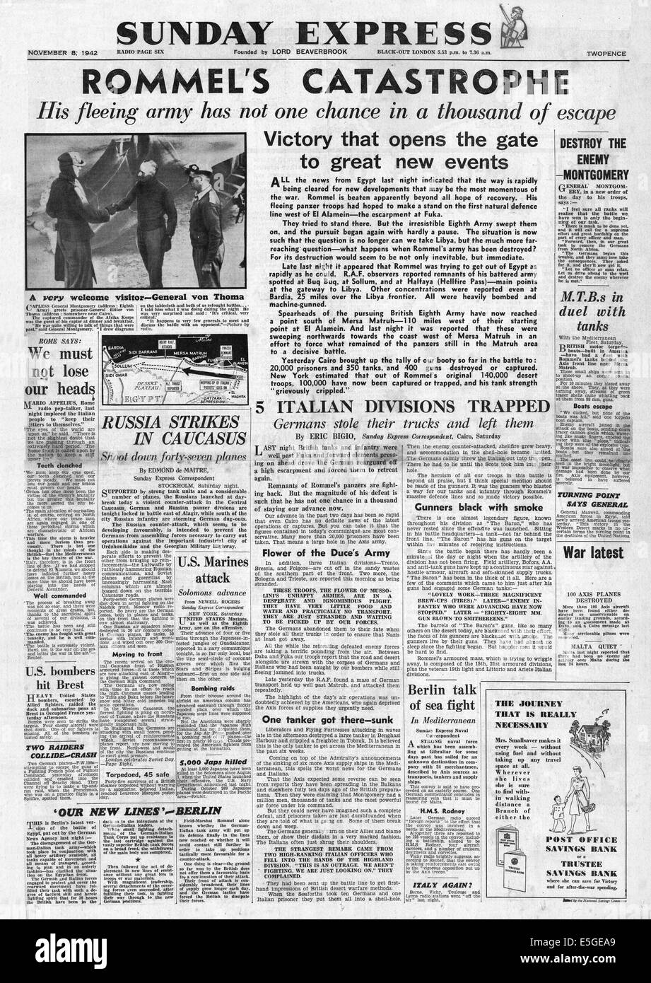 1942 Sunday Express/la page déclaration de la retraite de Rommel et les forces de l'axe en Afrique du Nord Banque D'Images