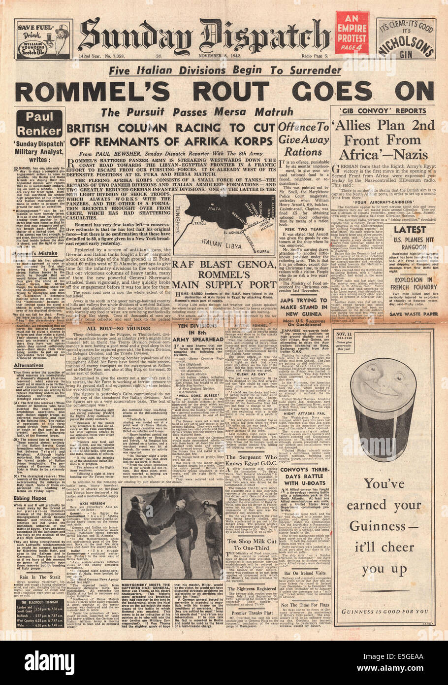 1942 Envoi de rapports page avant dimanche la retraite de Rommel et les forces de l'axe en Afrique du Nord Banque D'Images