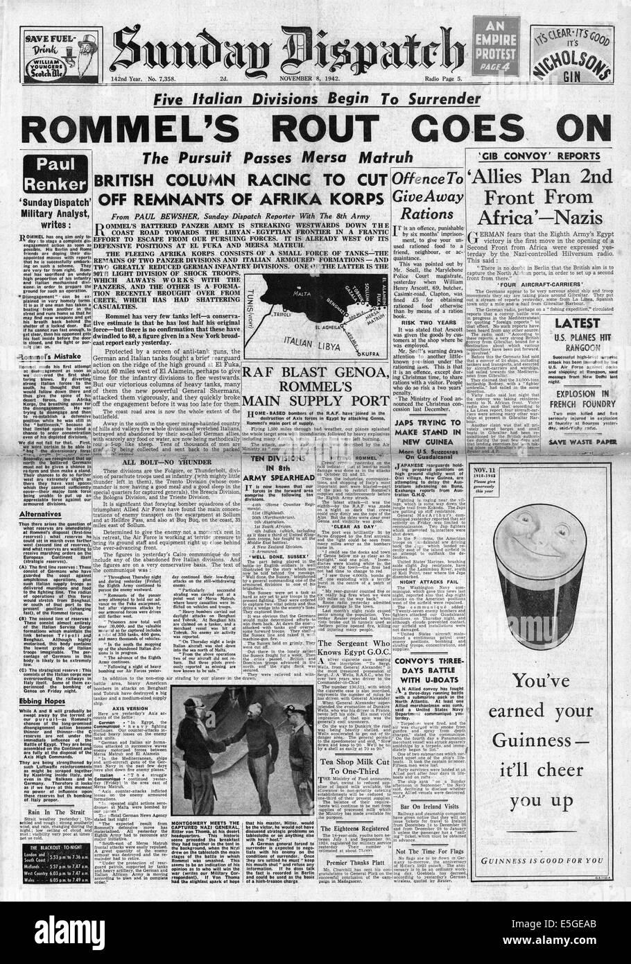 1942 Envoi de rapports page avant dimanche la retraite de Rommel et les forces de l'axe en Afrique du Nord Banque D'Images