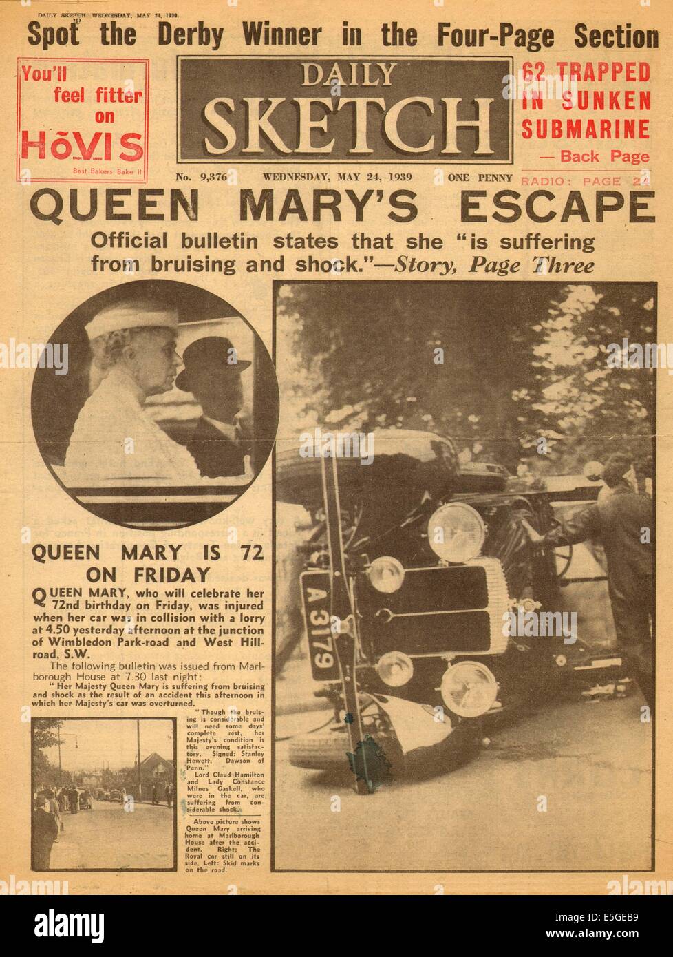 1939 Daily Sketch/la page déclaration de la Reine Mary blessé dans un accident de voiture à Wimbledon Banque D'Images