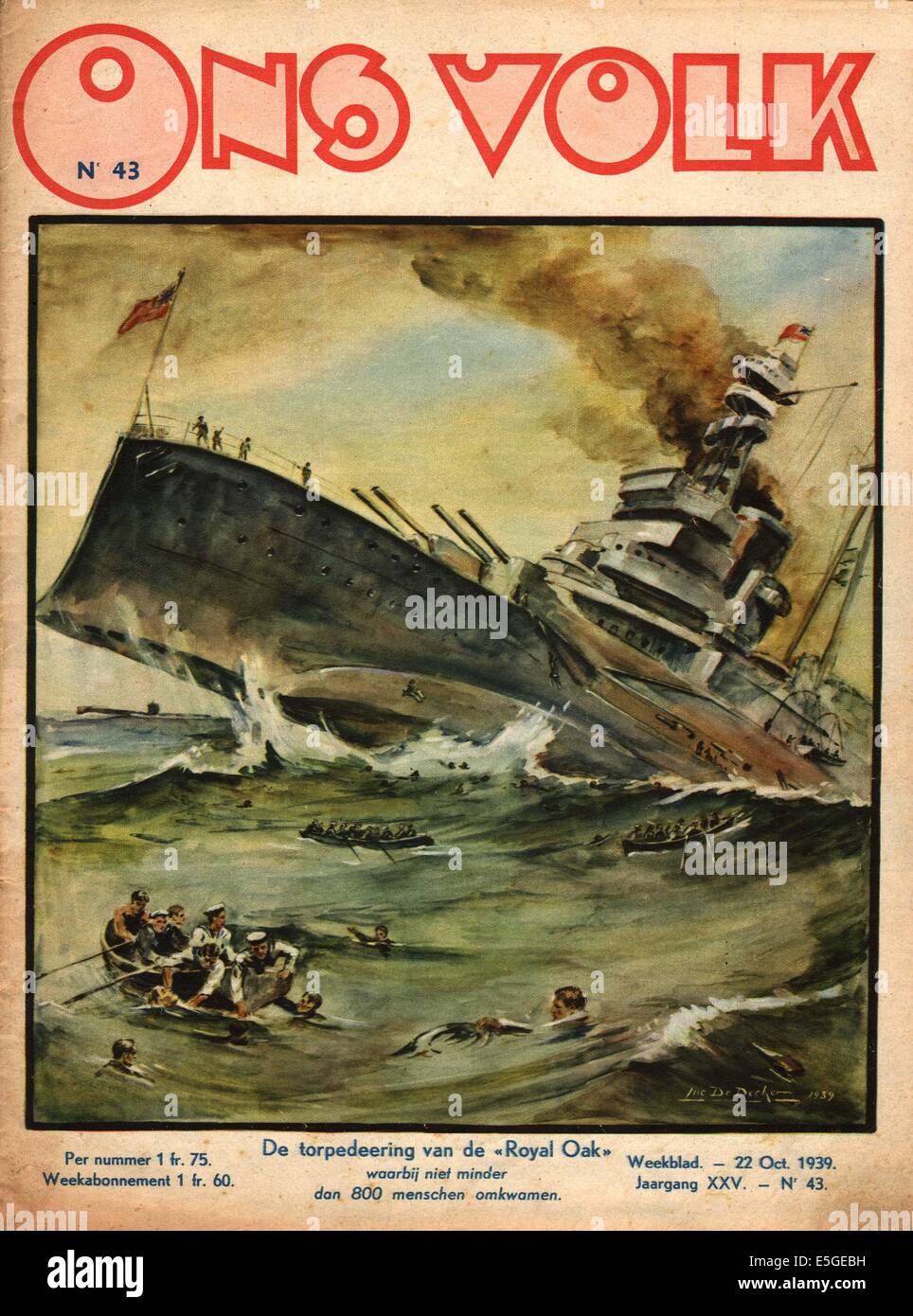 1939 Ons Volk (Pays-Bas) front page reporting Naufrage du HMS Royal Oak à Scapa Flow dans les Orcades Banque D'Images
