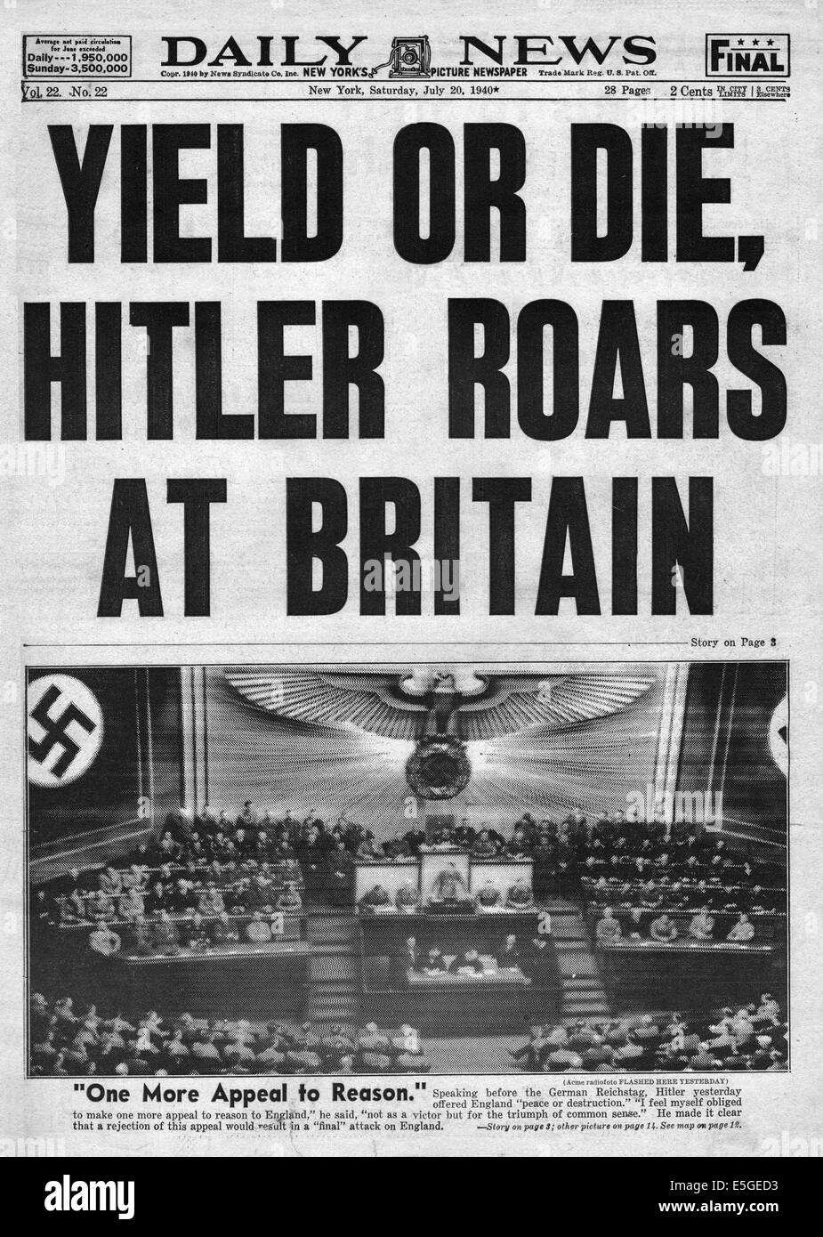 1940 Daily News (New York) 20 juillet 1940 2e édition Adolf Hitler's appeal to Reason discours au Reichstag Banque D'Images