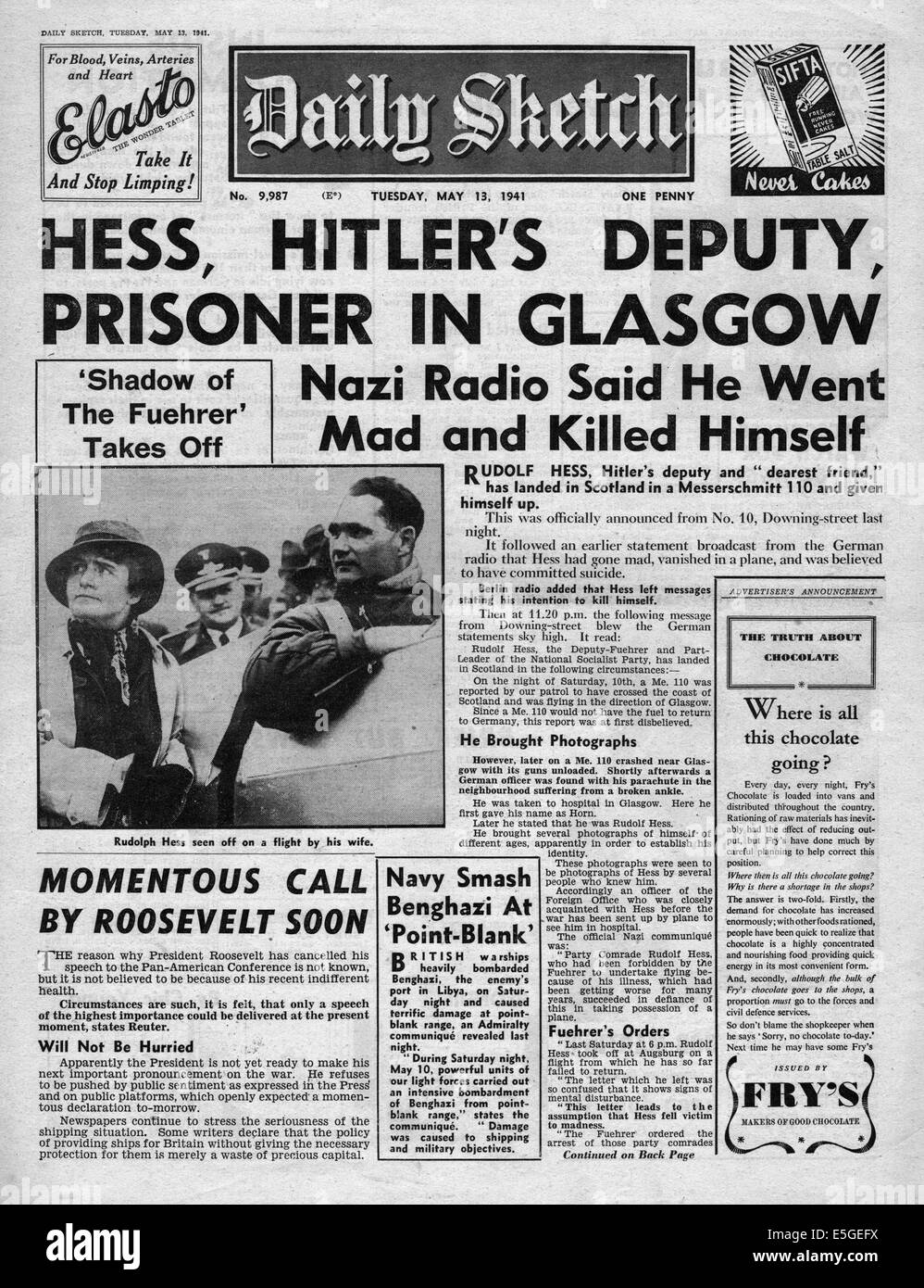1941 Daily Sketch page avant les terres de Rudolf Hess en Grande-Bretagne Banque D'Images