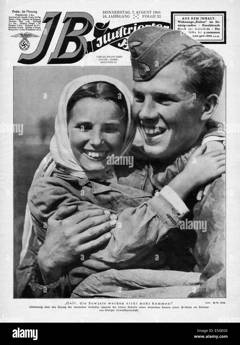 1941 Illustrierte Beobachter front page montrant un soldat Waffen SS avec jeune fille russe Banque D'Images