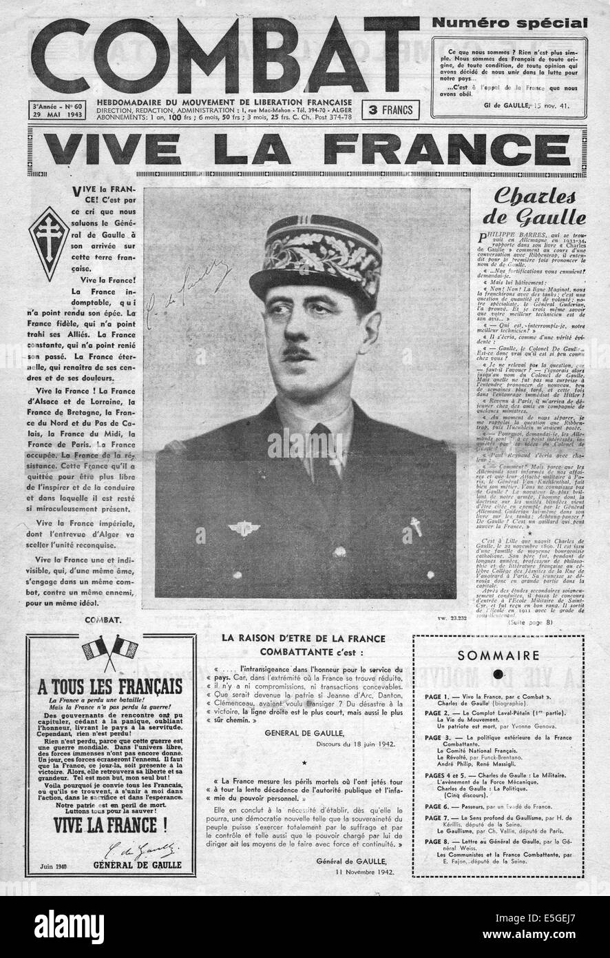1943 (Mouvement de libération de combat français journal - Algérie) front page montrant Charles De Gaulle Banque D'Images