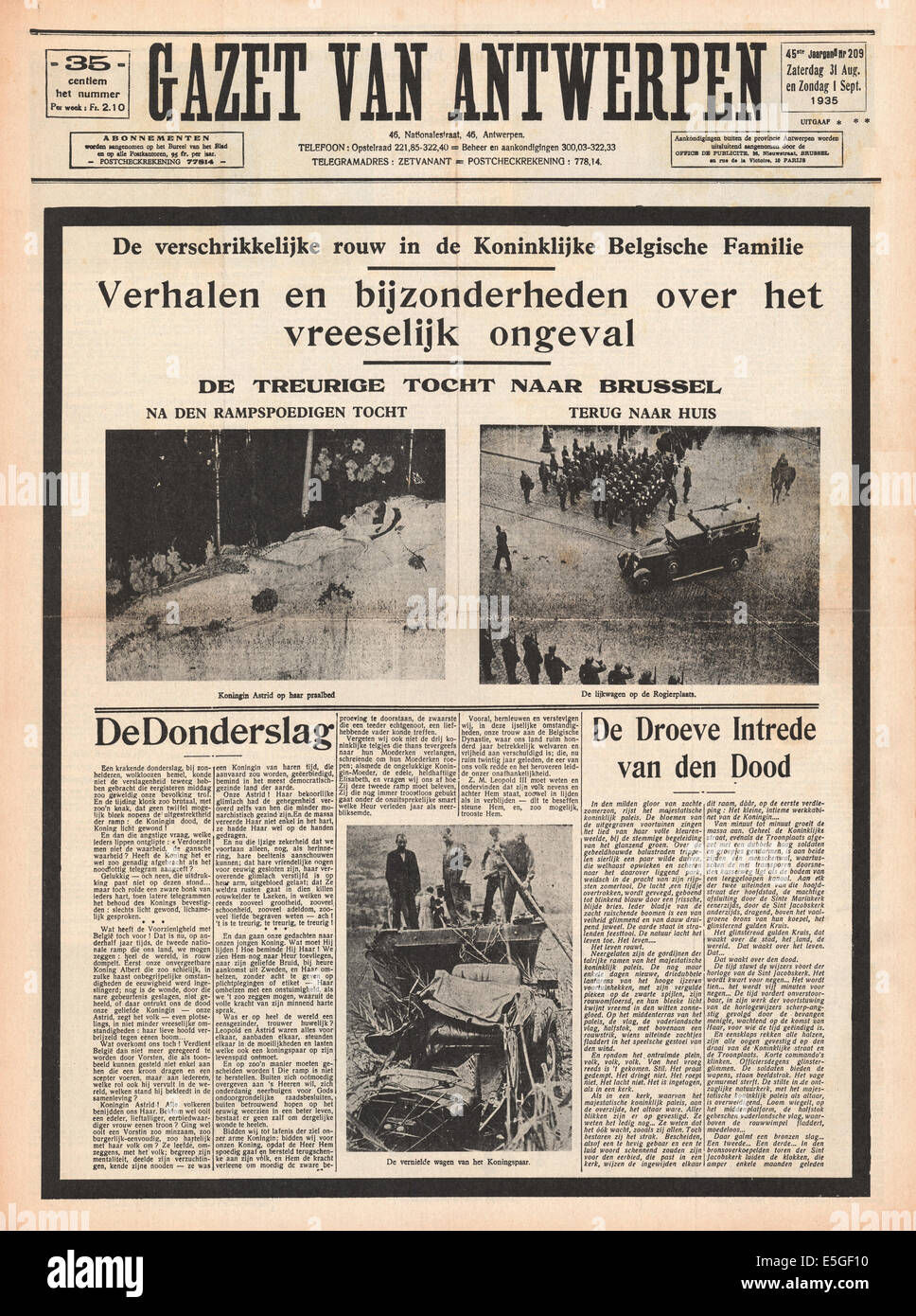 1935 Gazet Van Antwerpen (Belgique) front page Rapport sur le décès de la Reine Astrid de Belgique Banque D'Images