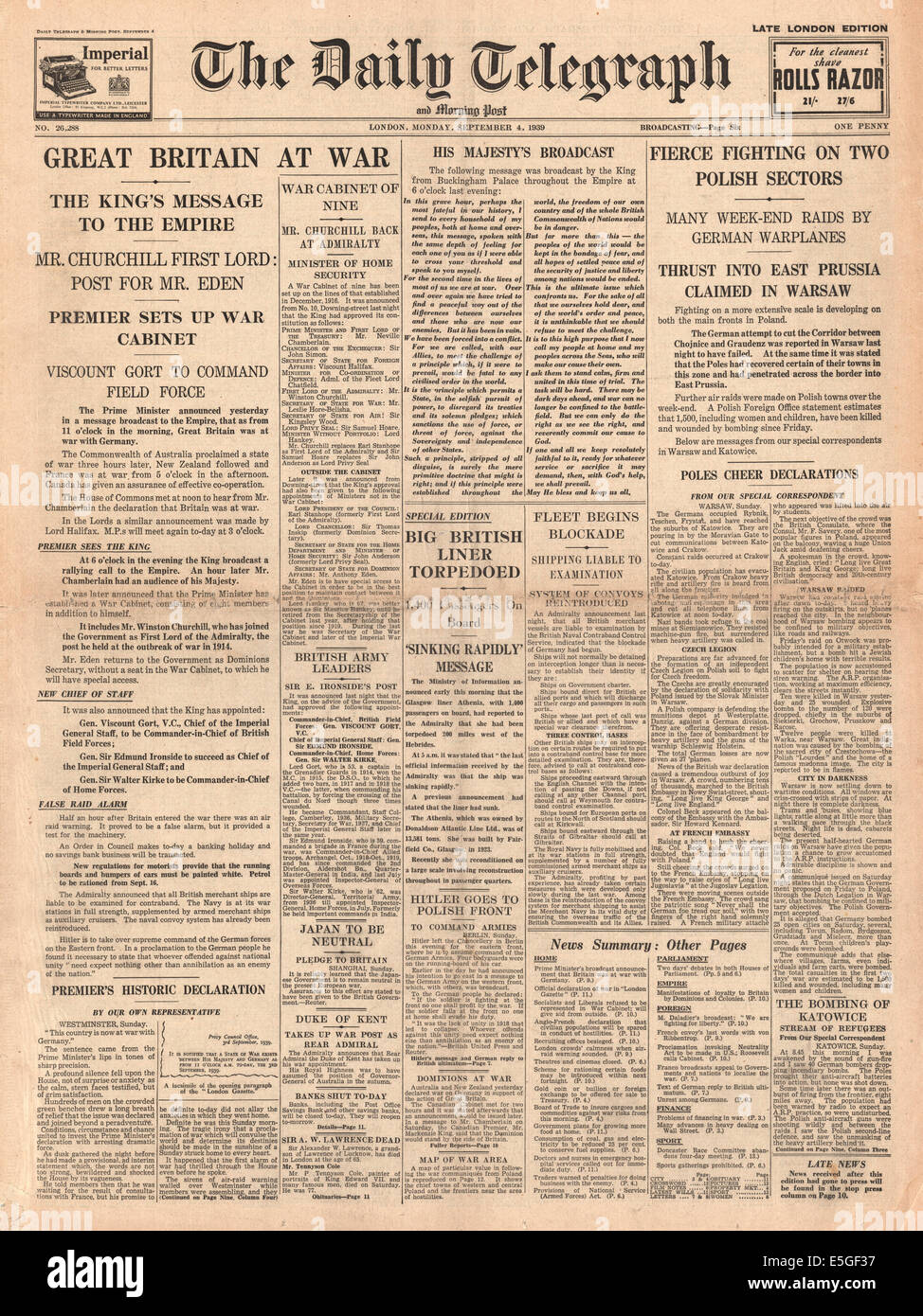 1939 Le Daily Telegraph rapports page avant la déclaration de la guerre à l'Allemagne par la Grande-Bretagne et la France Banque D'Images