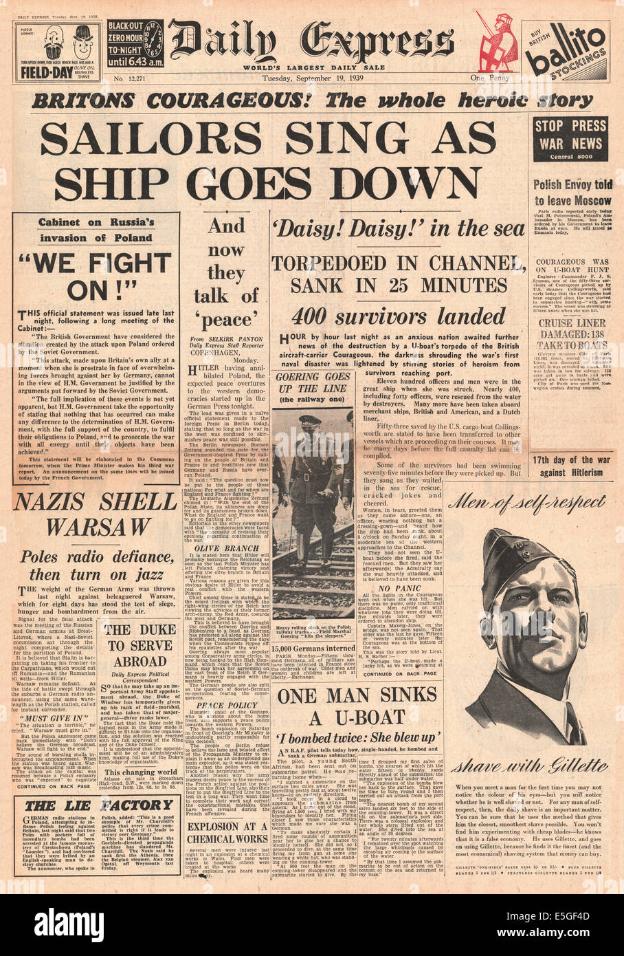 1939 Daily Express rapports page avant le naufrage du porte-avions britannique le HMS Courageous Banque D'Images