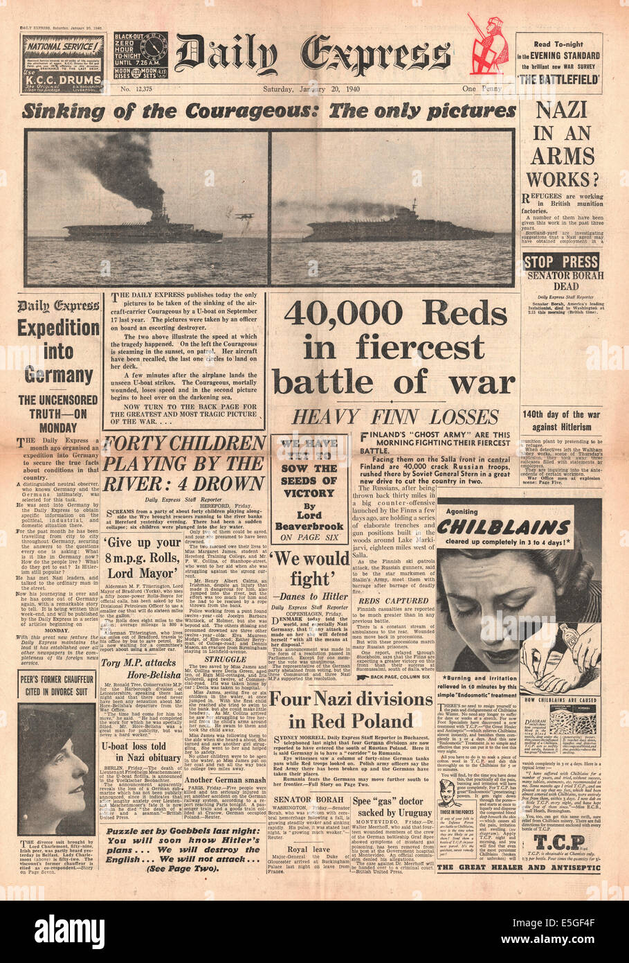 1940 Daily Express rapports page avant le naufrage du porte-avions britannique le HMS Courageous avec photographies Banque D'Images