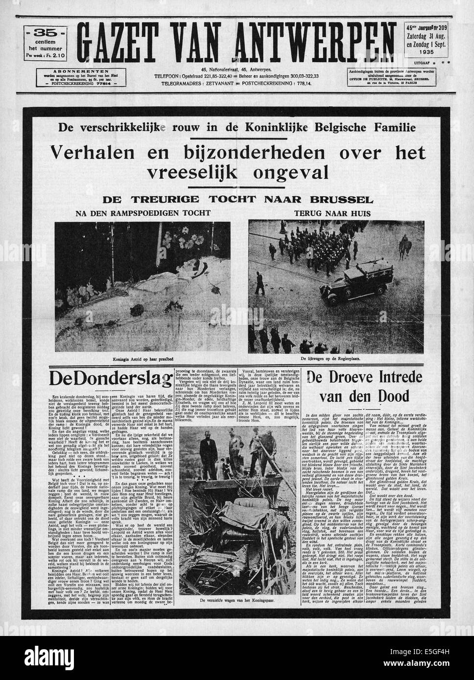 1935 Gazet Van Antwerpen (Belgique) front page Rapport sur le décès de la Reine Astrid de Belgique Banque D'Images