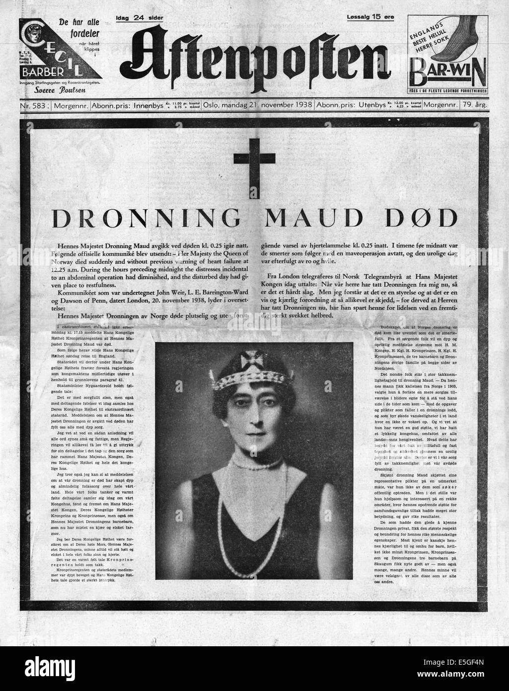 1938 Aftenposten (Norvège) front page signalé la mort de la Reine Maud de Norvège Banque D'Images