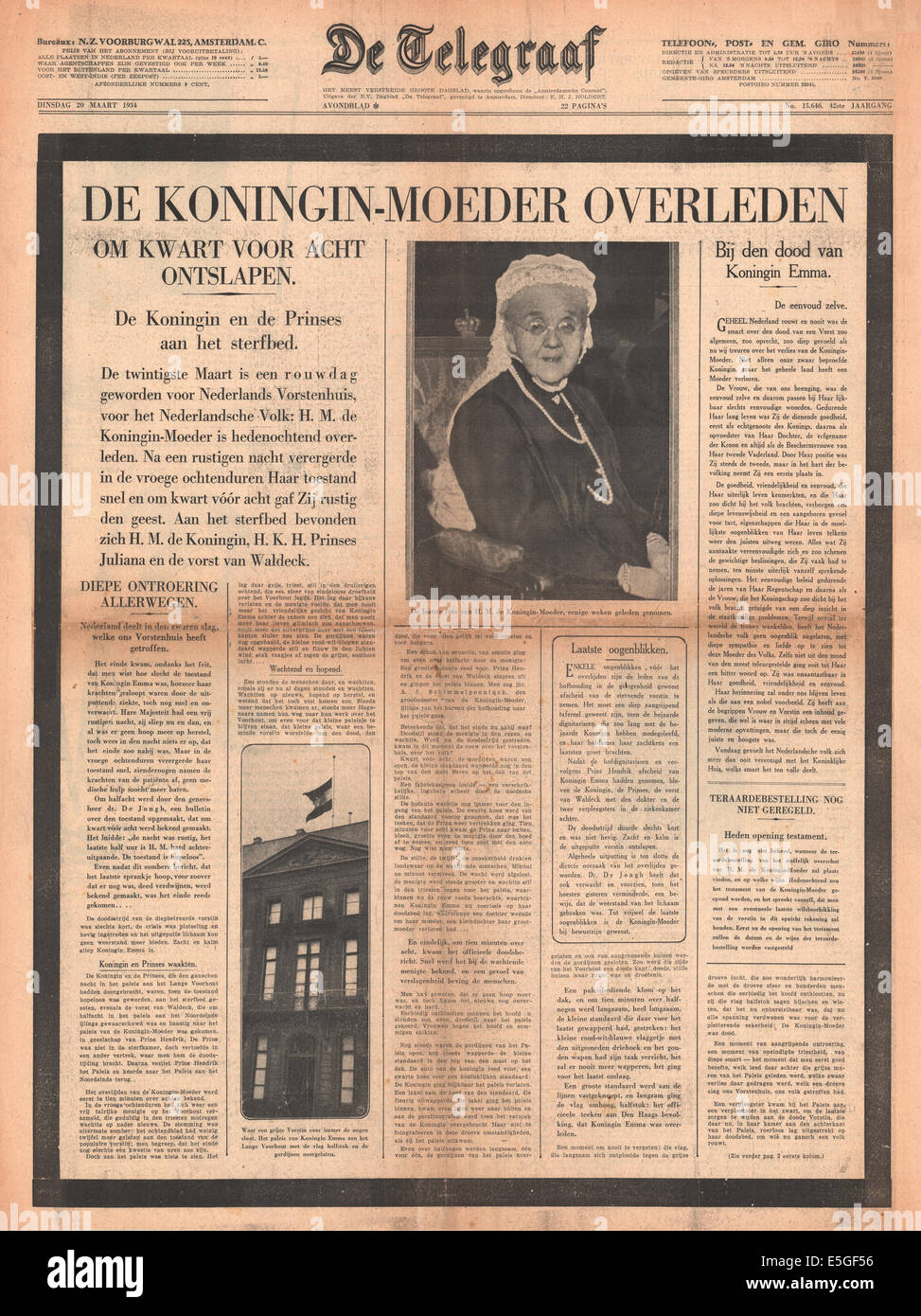 De Telegraaf 1934 (Pays-Bas) front page Rapport sur le décès de la Reine mère de famille Royale Néerlandaise, Emma de Waldeck et Pyrmont Banque D'Images