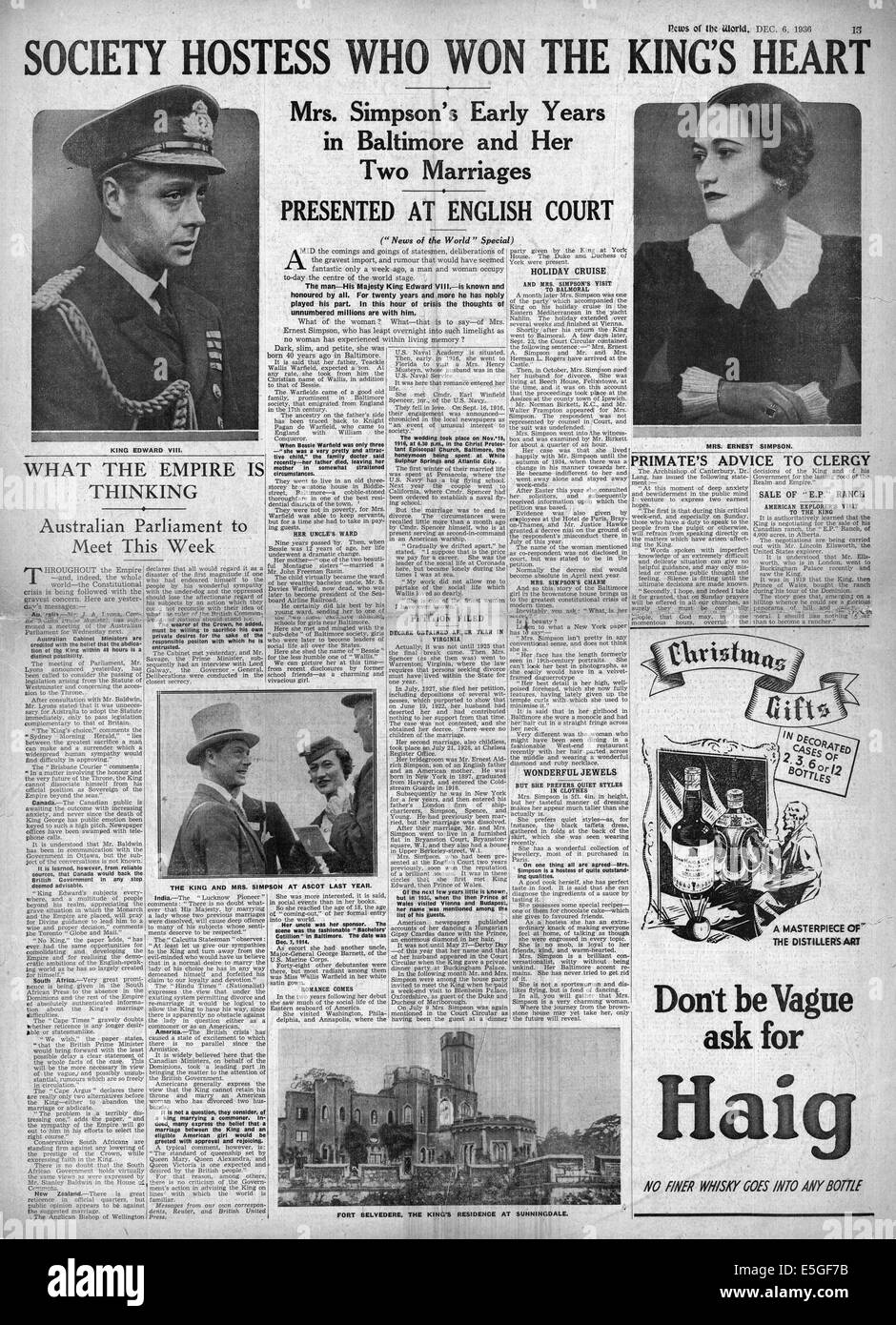 1936 News du monde signalé Édouard VIII et Mme Wallis Simpson Banque D'Images