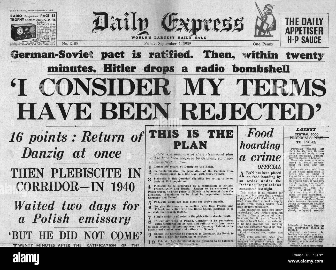 1939 Daily Express/la page Déclaration du discours d'Hitler sur le problème du corridor polonais Banque D'Images