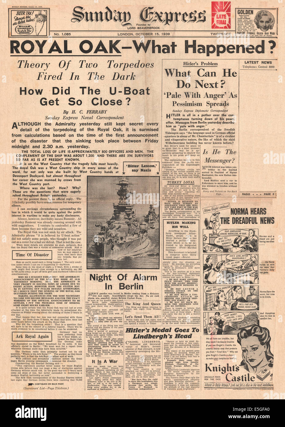 1939 Sunday Express/la page déclaration naufrage HMS Royal Oak Banque D'Images