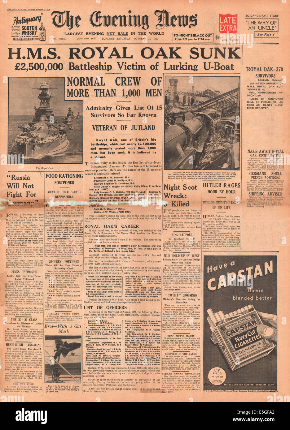 1939 Evening News (Londres) la page déclaration avant de couler le HMS Royal Oak Banque D'Images