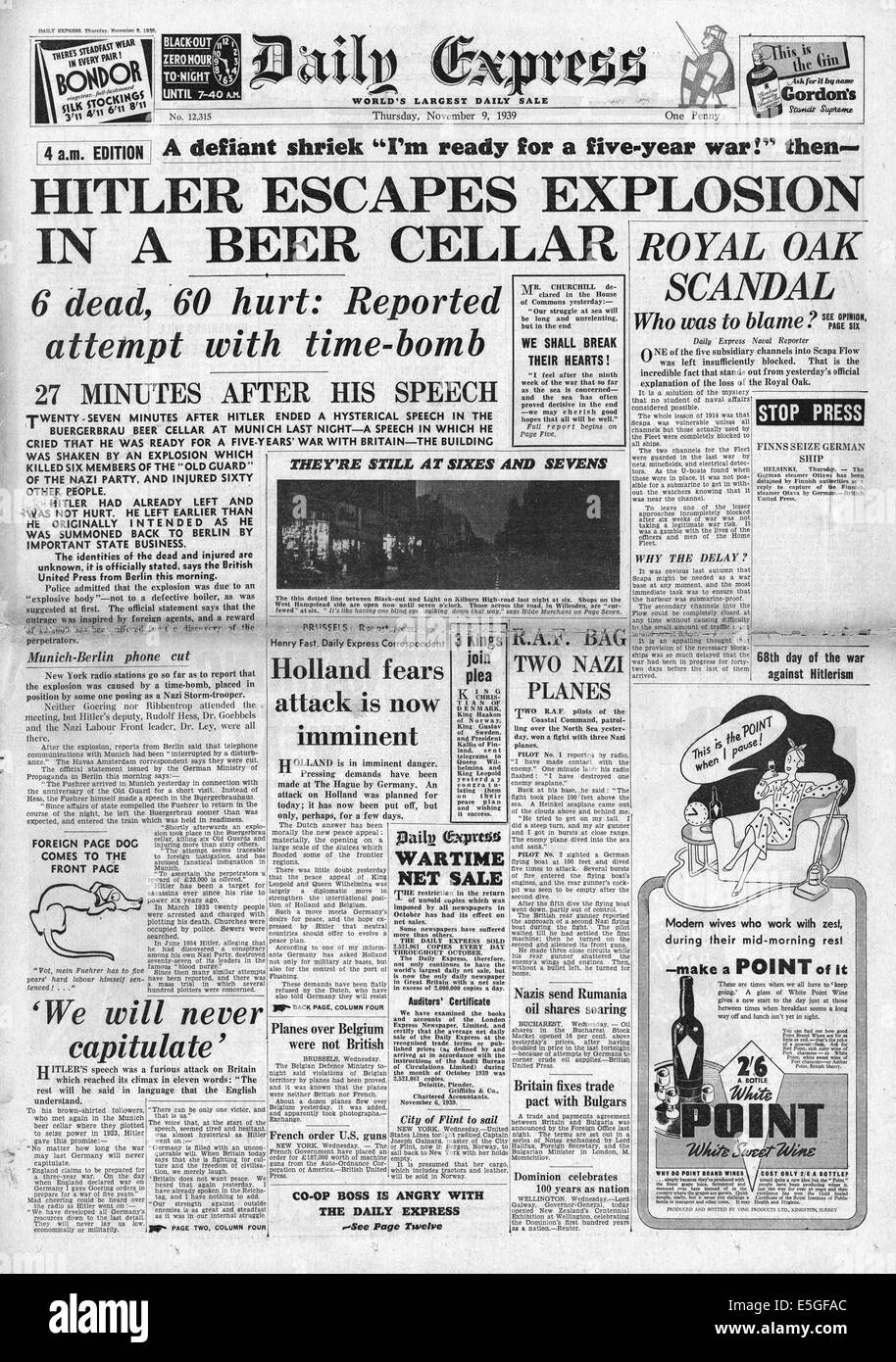 1939 front page Express quotidien tentative de rapport sur l'assassinat d'Adolf Hitler à la Burgerbrau Beer Hall à Munich Banque D'Images