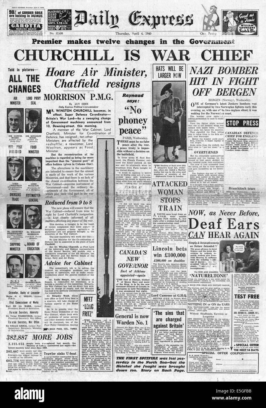 1940 Daily Express/la page déclaration Winston Churchill devient chef de guerre Banque D'Images