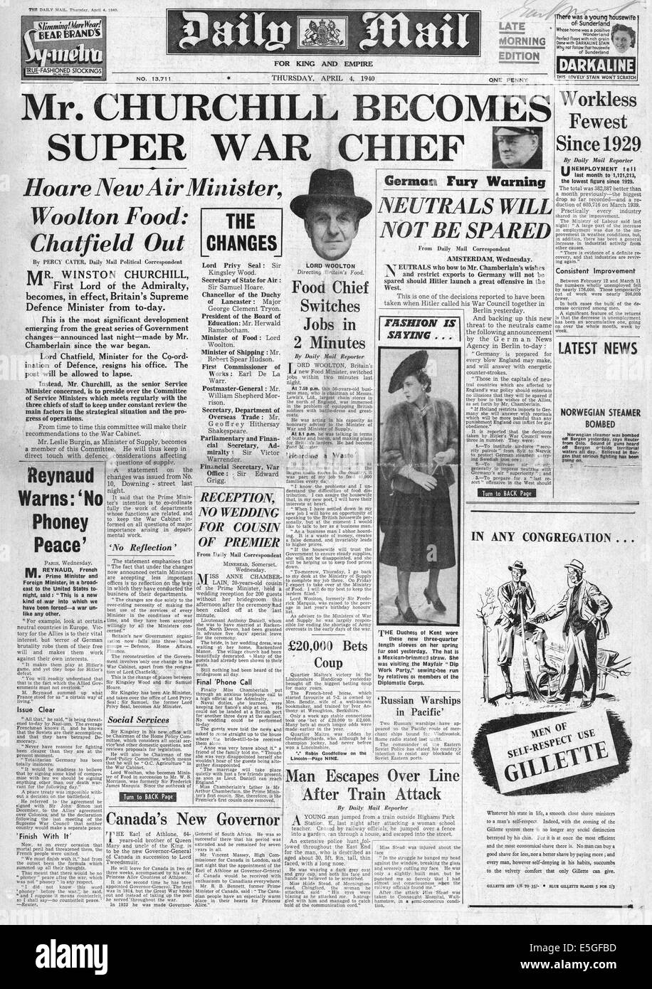 1940 Daily Mail/la page déclaration Winston Churchill devient chef de guerre Banque D'Images